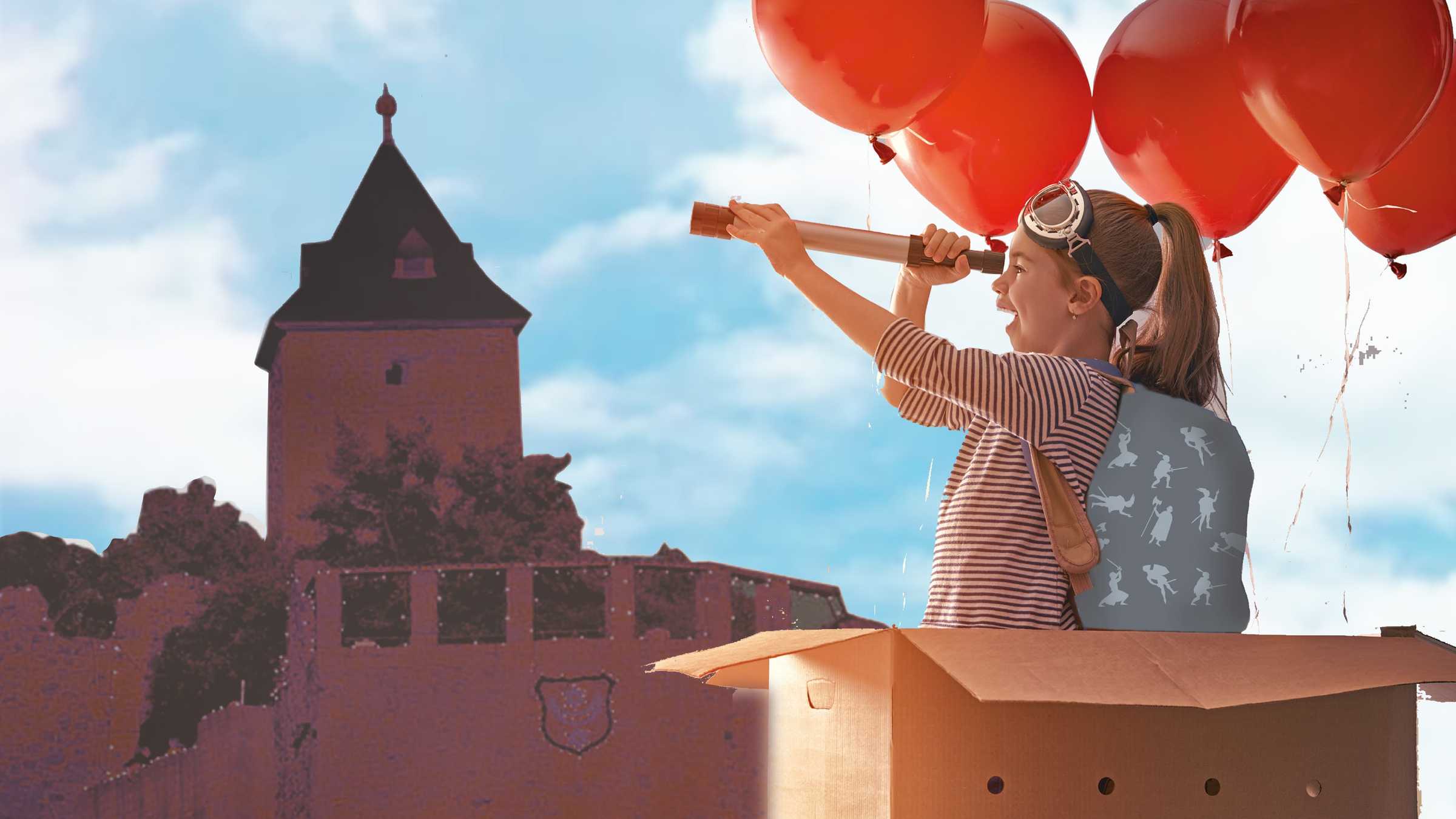 Burg Giebichenstein Grafik mit Burgsilhouette, im Vordergrund fliegt ein Mädchen in einem Ballon vorbei, der aus einem Pappkarton mit Luftballons besteht