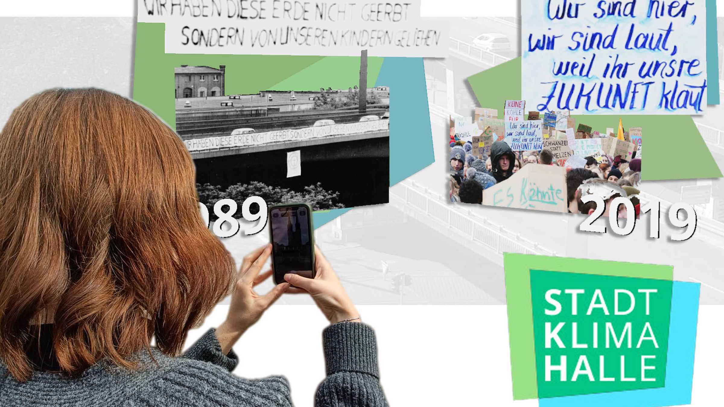Bildcollage mit einer Frau mit Smartphone und historischen Fotos
