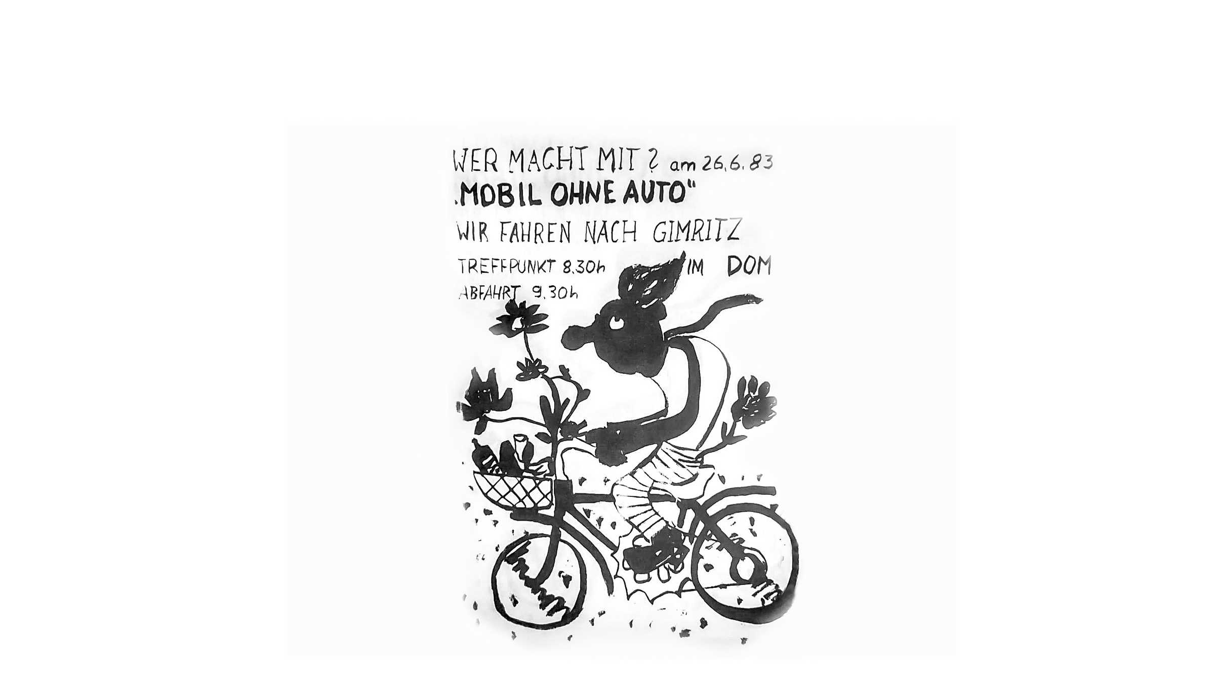 Mobil ohne Auto Poster von 1983. Zeichnung einer Karikatur auf einem Fahrrad. 