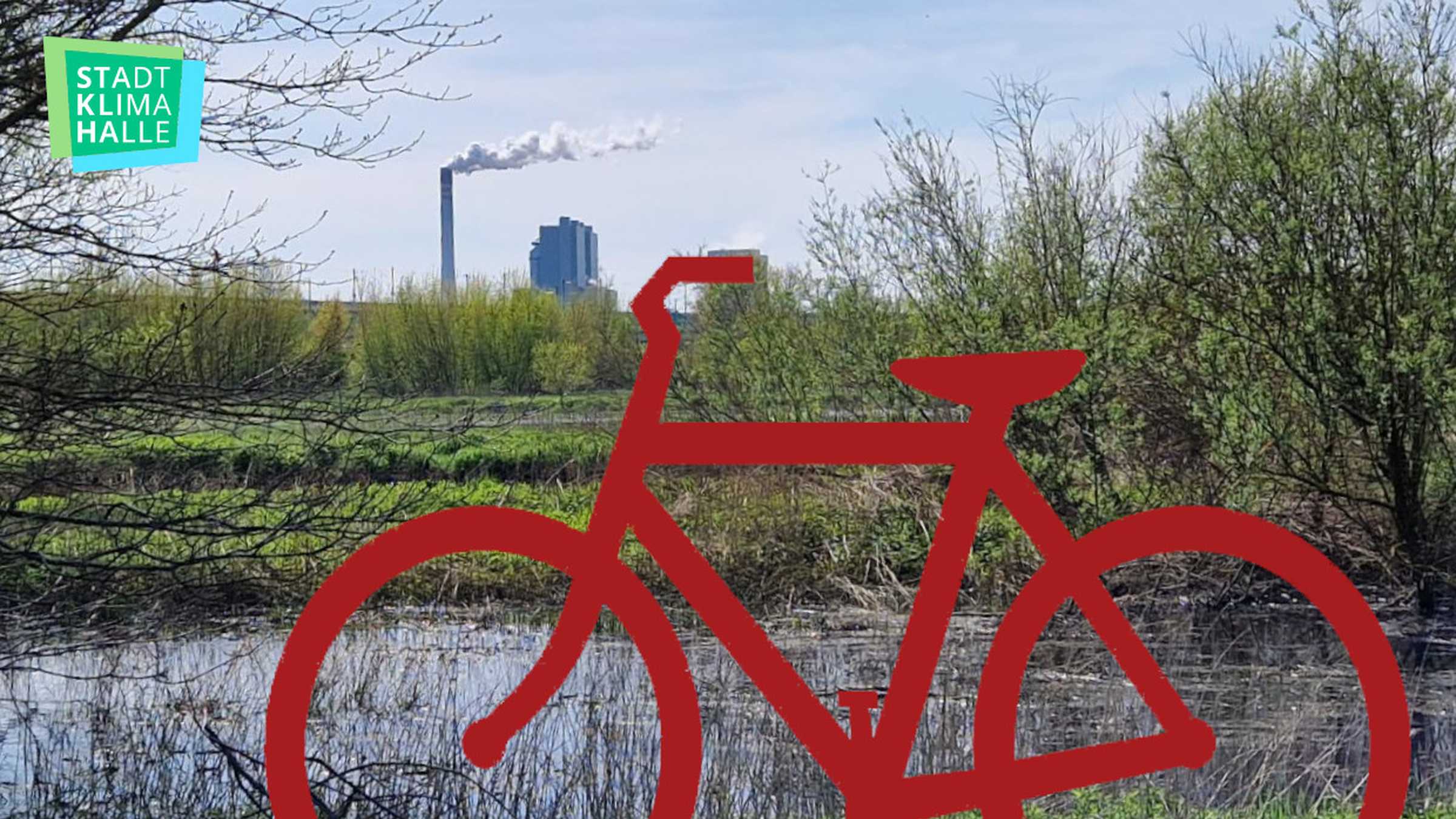 Radtour rotes Fahrrad als Grafik auf einem Foto der Elsteraue, im Hintergrund ein rauchender Schornstein der Buna-Werke