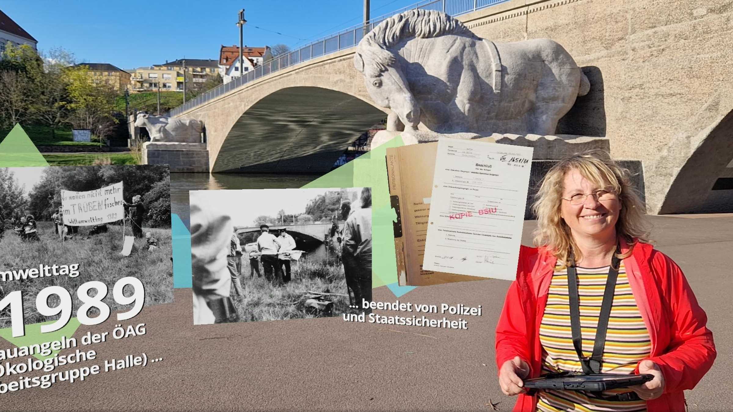 Umweltprotest Saaletour Stadtführerin Beate Krauße vor der Giebichensteinbrücke und mit dem AR-Motiv "Protestangeln"