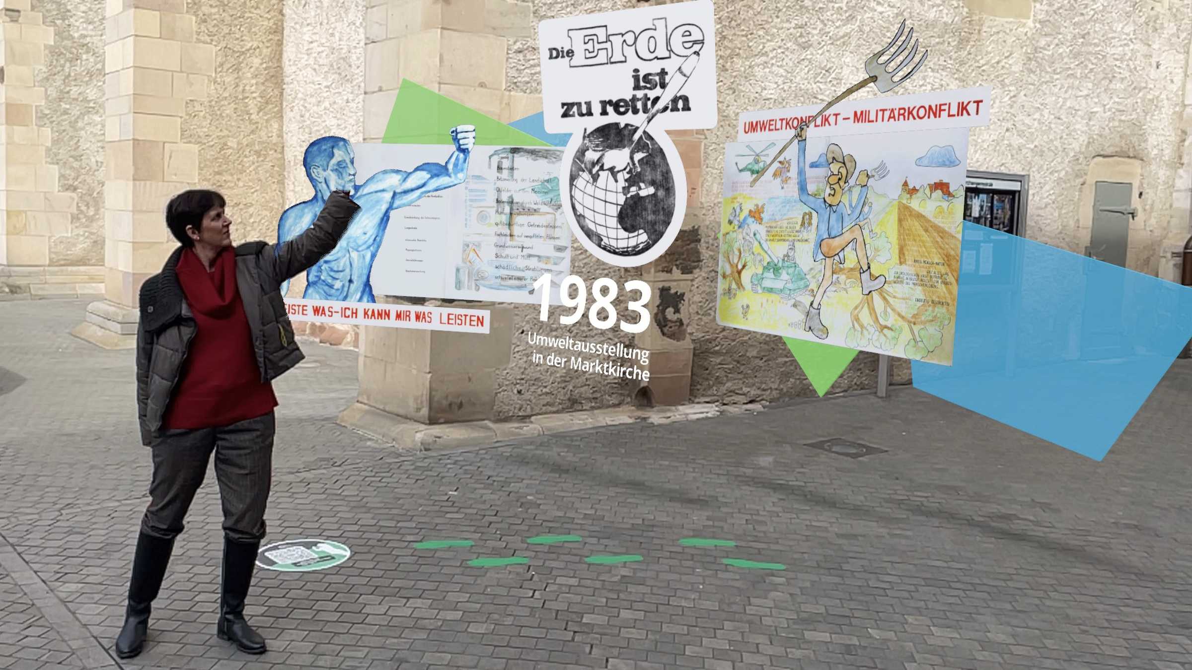 Umweltausstellung 1983 eine Frau in einer AR-Simulation hinter der Marktkirche