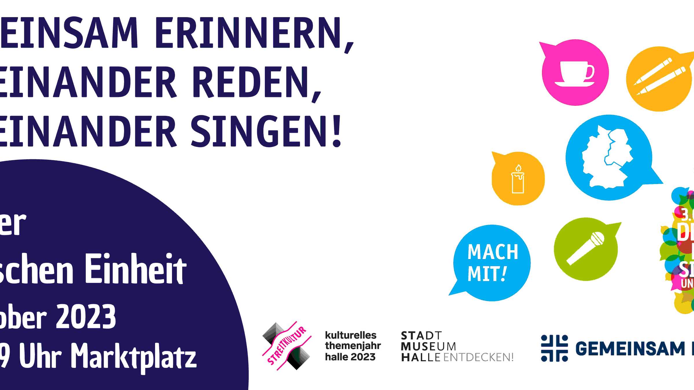 Tag der Deutschen Einheit Motivkarte mit Sprechblasen und Veranstaltungsinfo