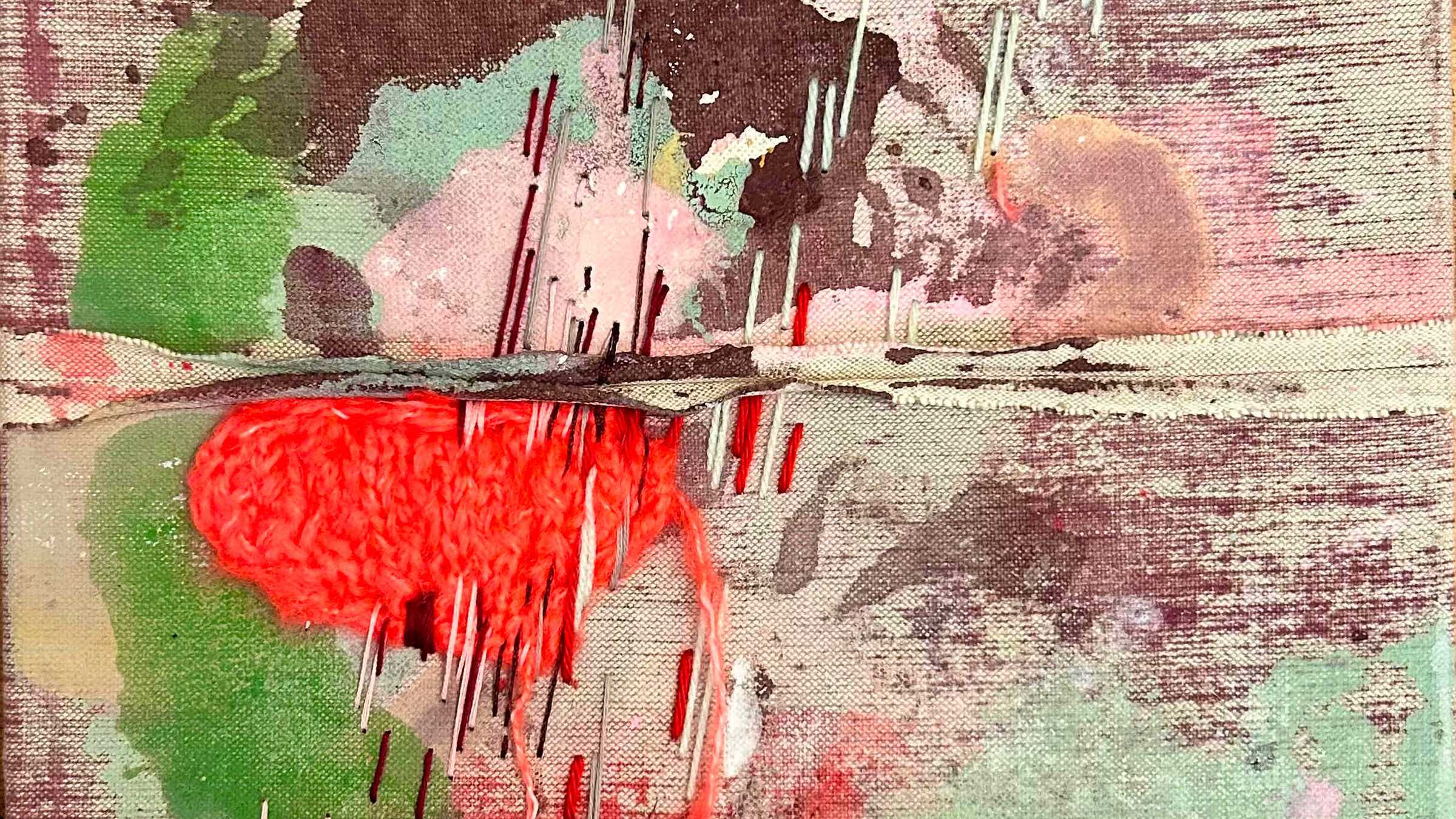 (c) Magdalena Cichon abstraktes Acrylbild auf grober Leinwand mit Linien und Flächen aus aufgenähten Fäden