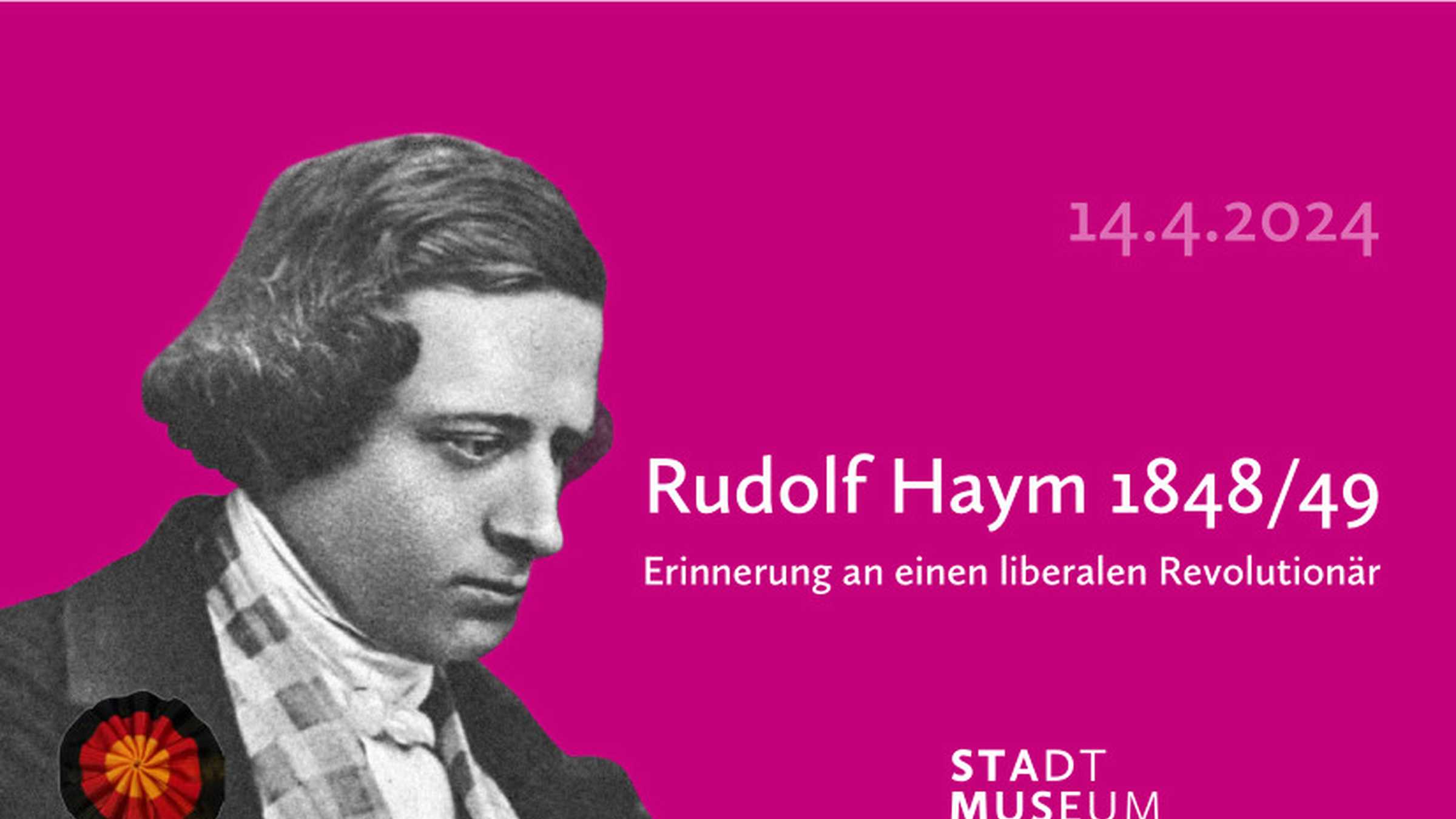 Gedenkfeier Rudolf Haym Portrait von Rudolf Haym auf pinkfarbenem Hintergrund der Einladungskarte