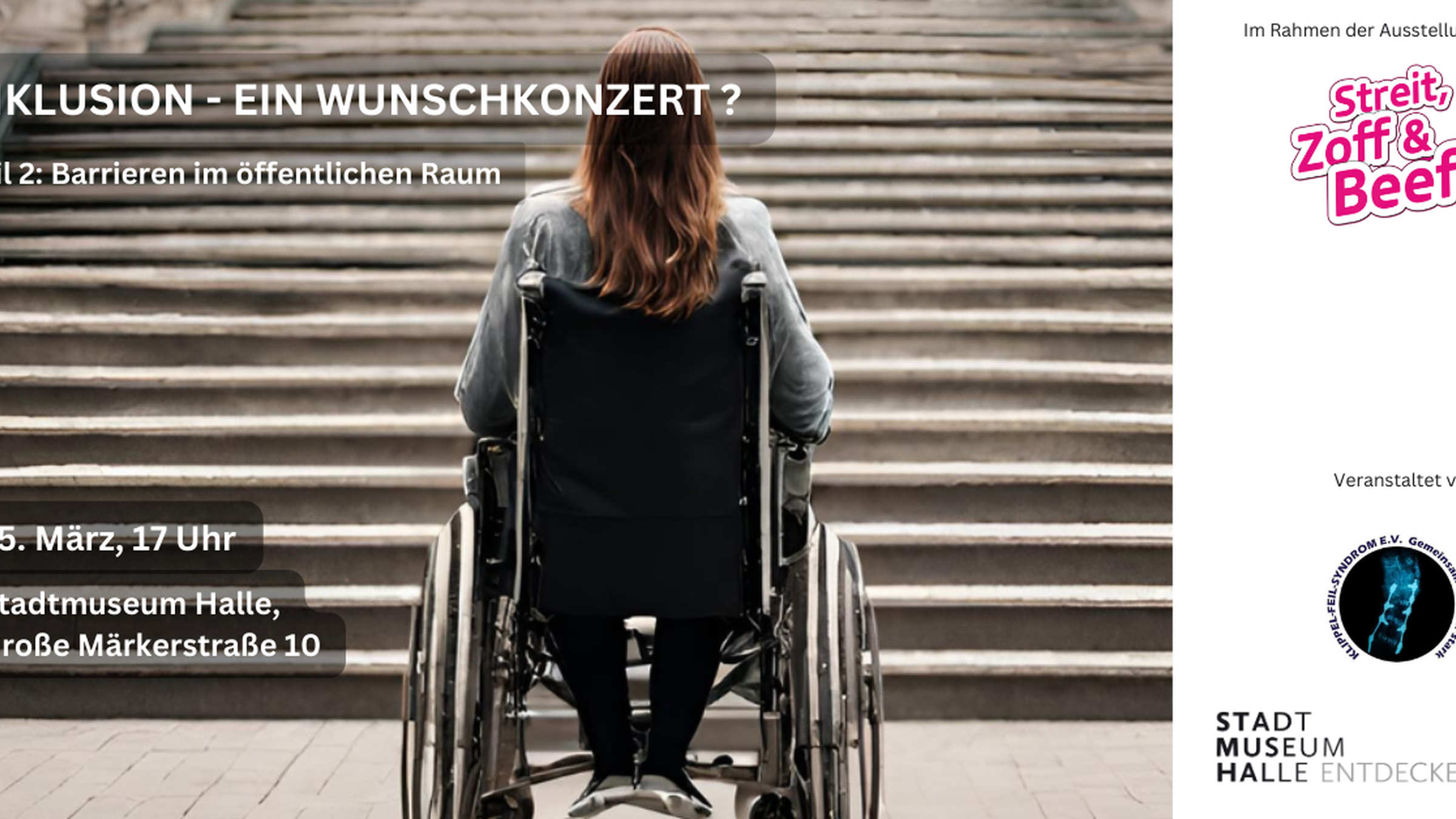 Wunschkonzert Inklusion Frau im Rollstuhl vor Treppe und Veranstaltungsdaten