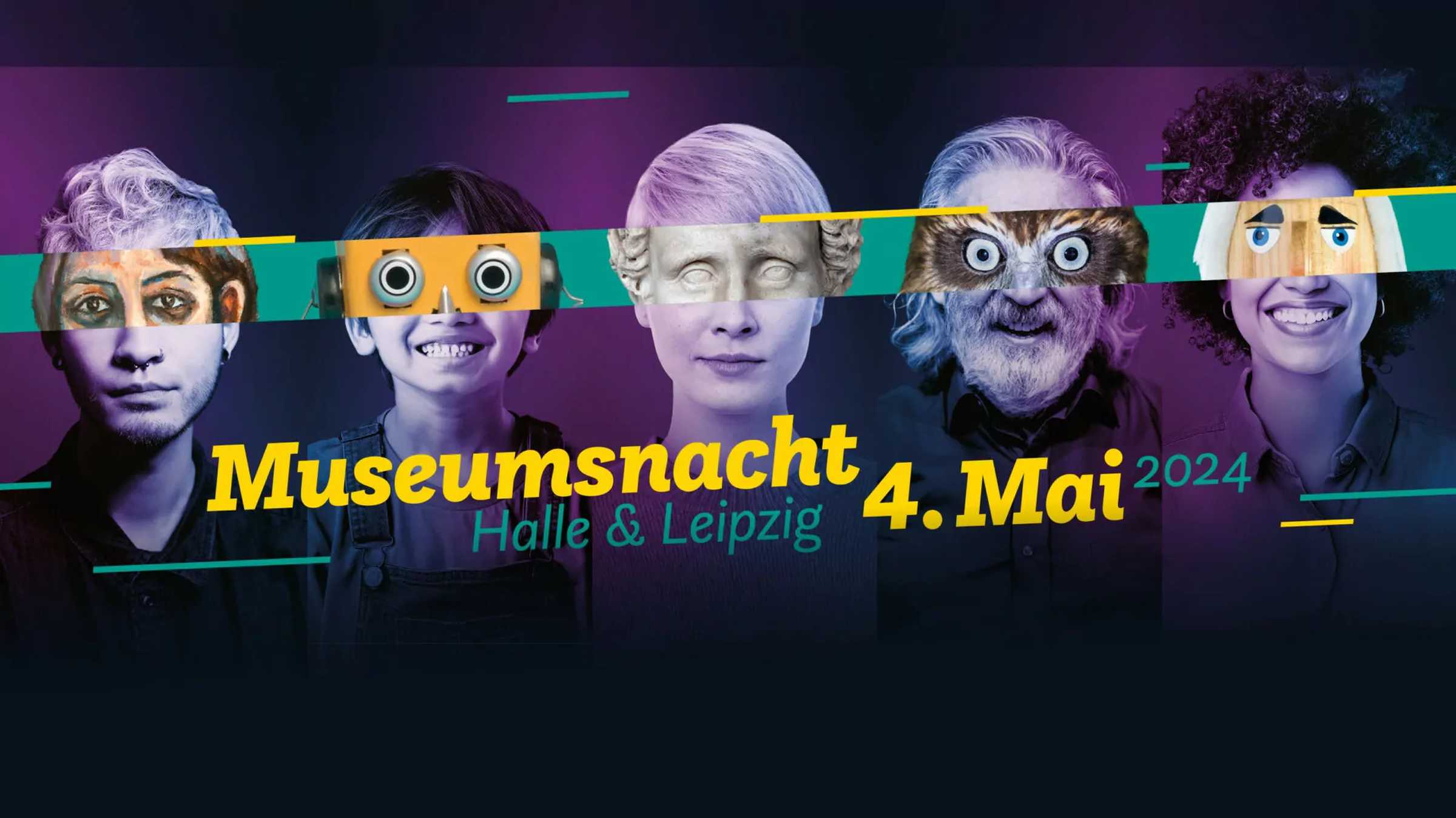 Museumsnacht 2024 Fünf Portraits von Menschen, über deren Augen ein Streifen läuft, auf dem Augen von Ausstellungsobjekten zu sehen sind