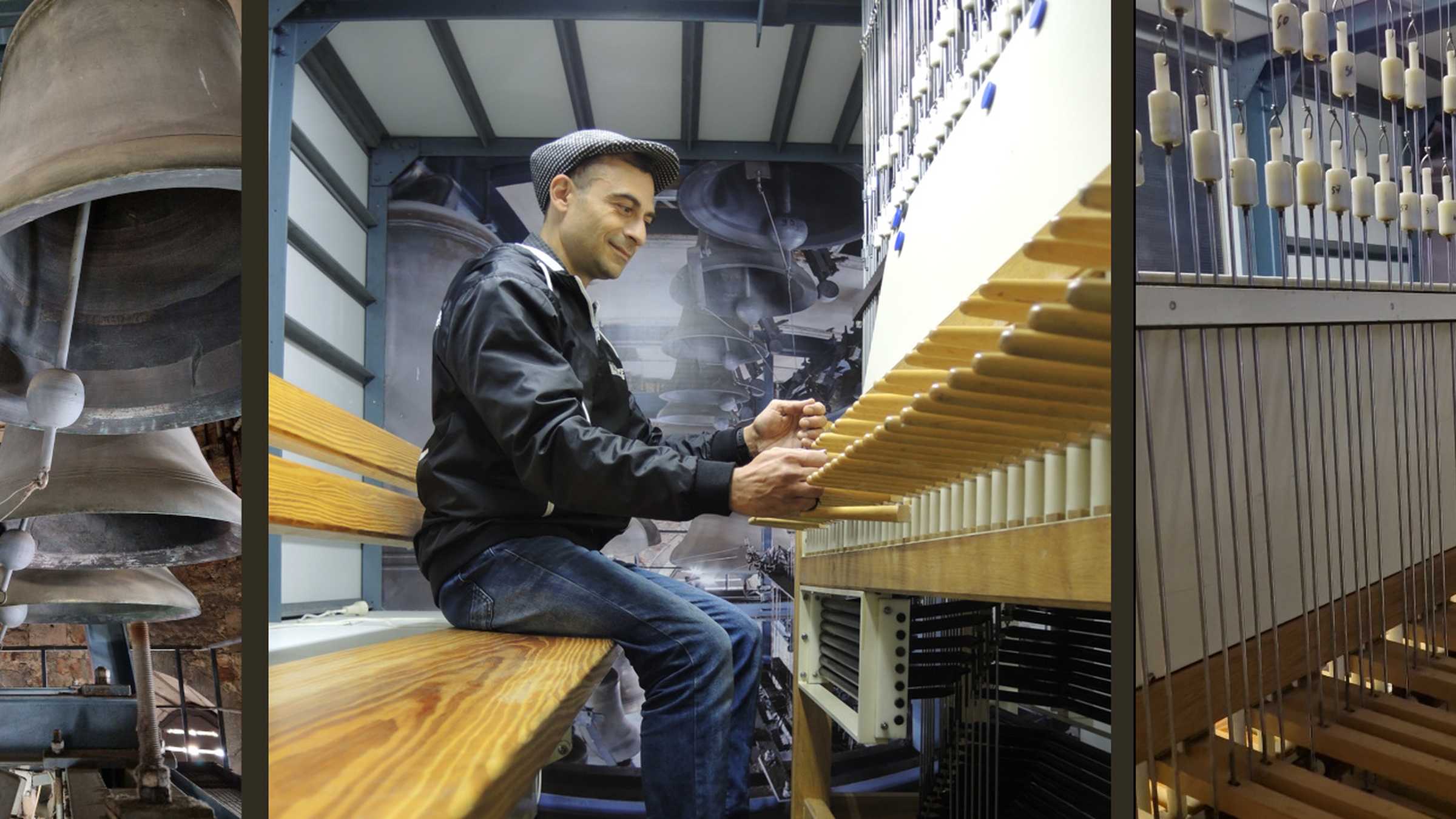 drei Fotos nebeneinander, ein Blick ins Glockengeschoss, der Musiker Davit Drambyan am Carillon und ein Blick in die Mechanik mit Seilzügen