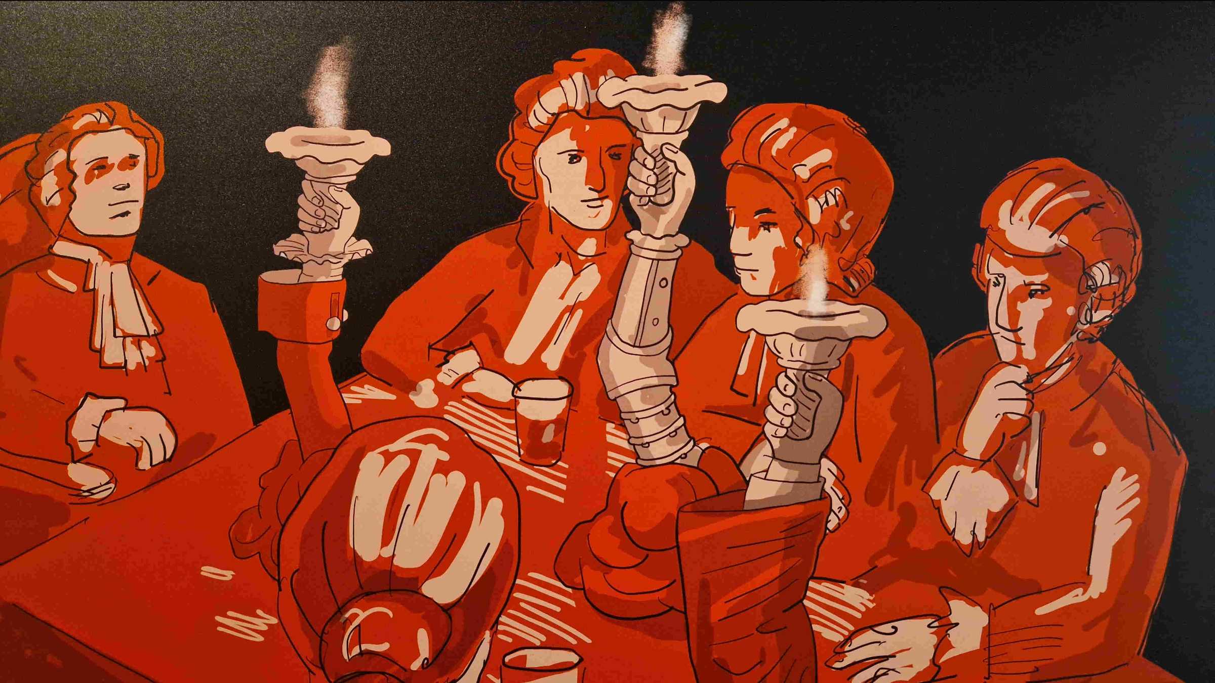 Logentreffen, Grafik Axel Göhre Zeichnung im Comicstil von 5 Männern, die um einen Tisch sitzen, auf dem Tisch die Ritual-Armleuchter