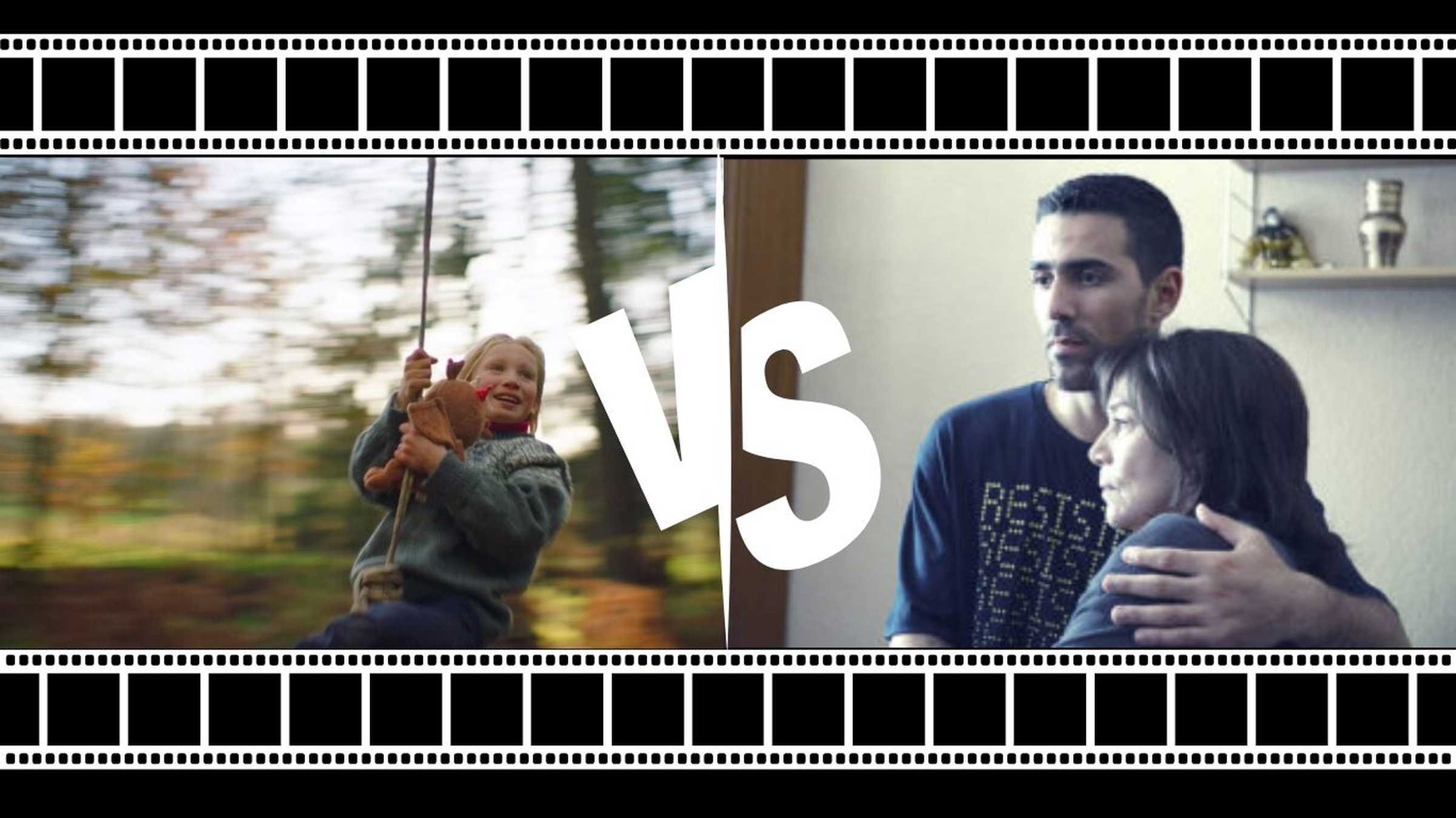 Grenzen überwinden – Filmbilder Systemsprenger vs. Zeiten ändern dich Zwei Ausschnitte aus den Filmen Systemsprenger und Zeiten ändern dich. Das linke Bild zeigt ein Mädchen auf einer Affenschaukel. Das rechte Bild zeigt einen Mann und eine Frau, die sich umarmen. In der Bildmitte befindet sich ein vs.-Symbol.