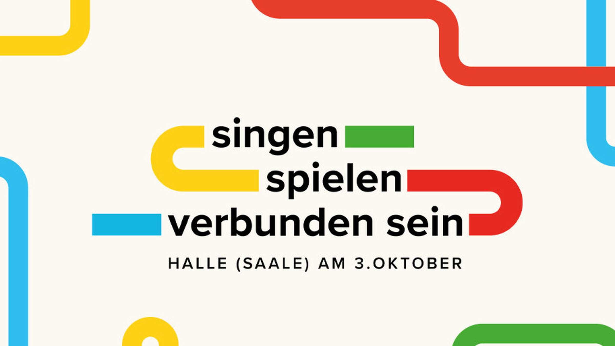 Feier zum Tag der deutschen Einheit Grafisches Motiv mit bunten Linien und der Aufschrift "Singen, spielen, verbunden sein"
