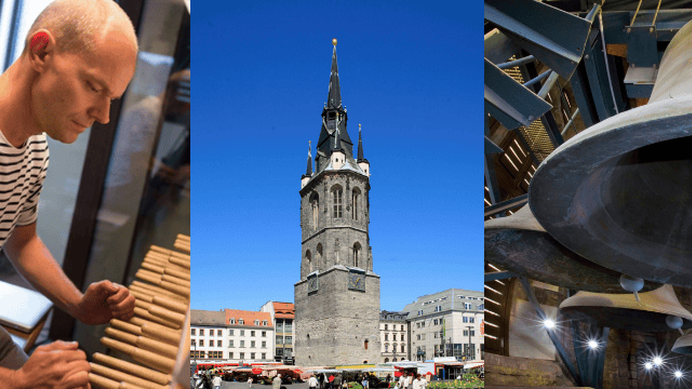 drei Fotos beneeinander: der Carilloneur jan Verheyen, der Rote Turm, Blick in die Glockenstube