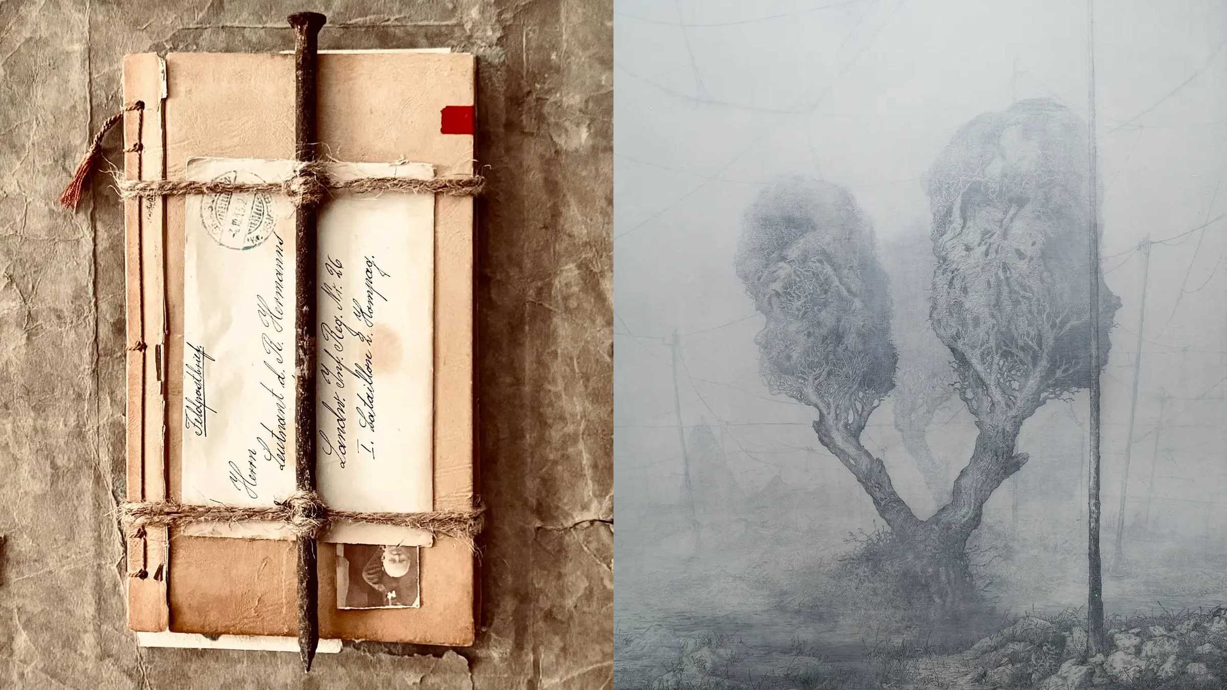 Eine Collage Braungardts aus mit Bindfaden zusammengebundenen Notizbuch, Brief und Nagel sowie eine Grafik von Förster mit Bäumen im Nebel