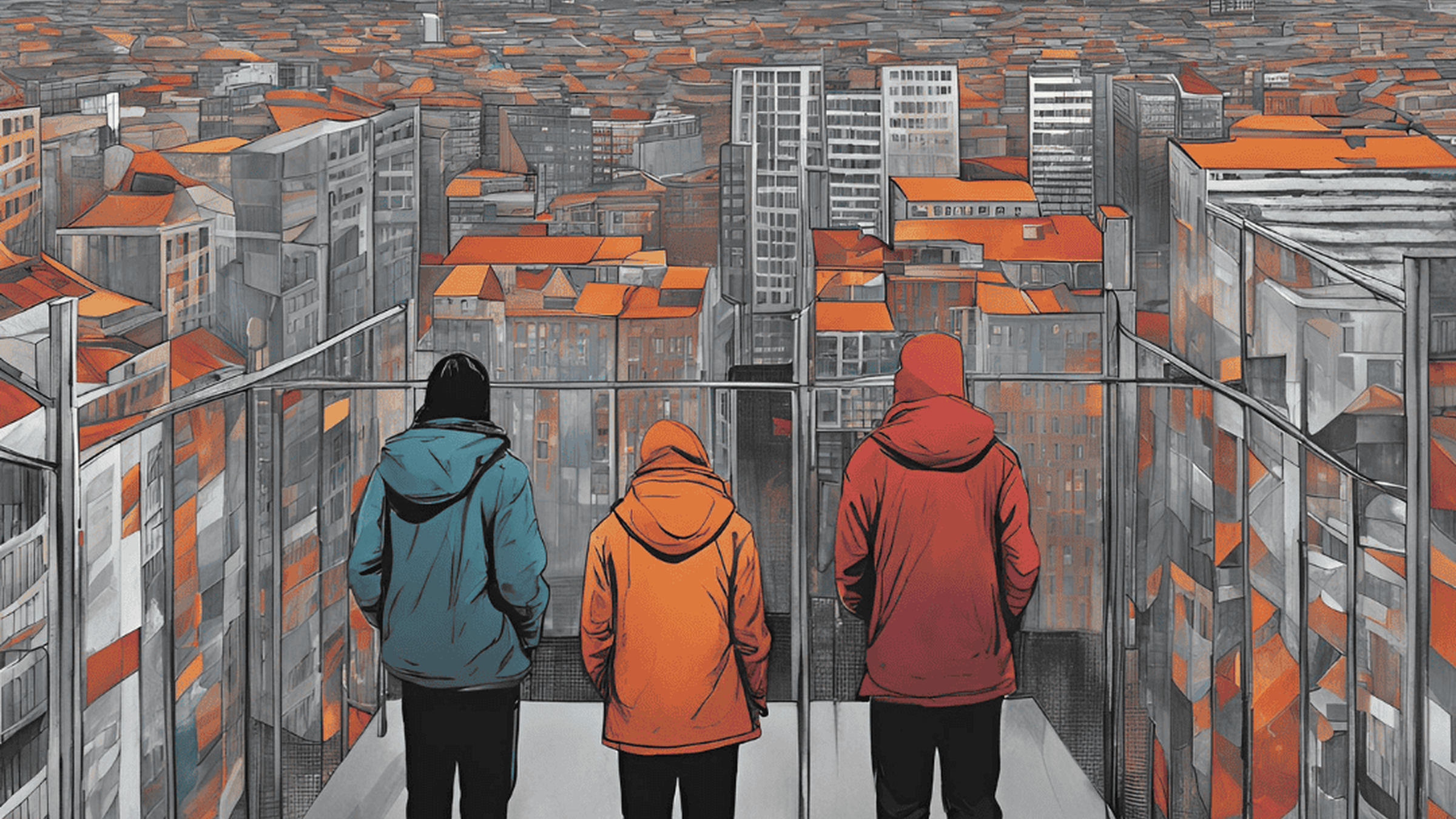 3 Personen von hinten stehen mit hängenden Schultern auf einer Aussischtsplattform und schauen in die Häuserschluchten einer Stadt