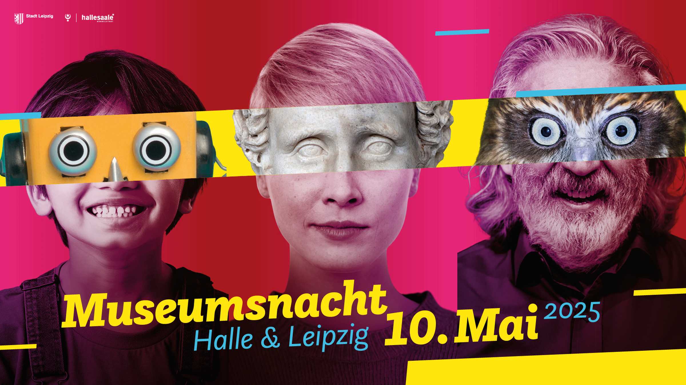 Links ein Kinder Gesicht mit Roboter Augen in der Mitte ein Frauen Gesicht mit Augen einer Frauen Statue und rechts ein Männer Gesicht mit Eulen Augen. 