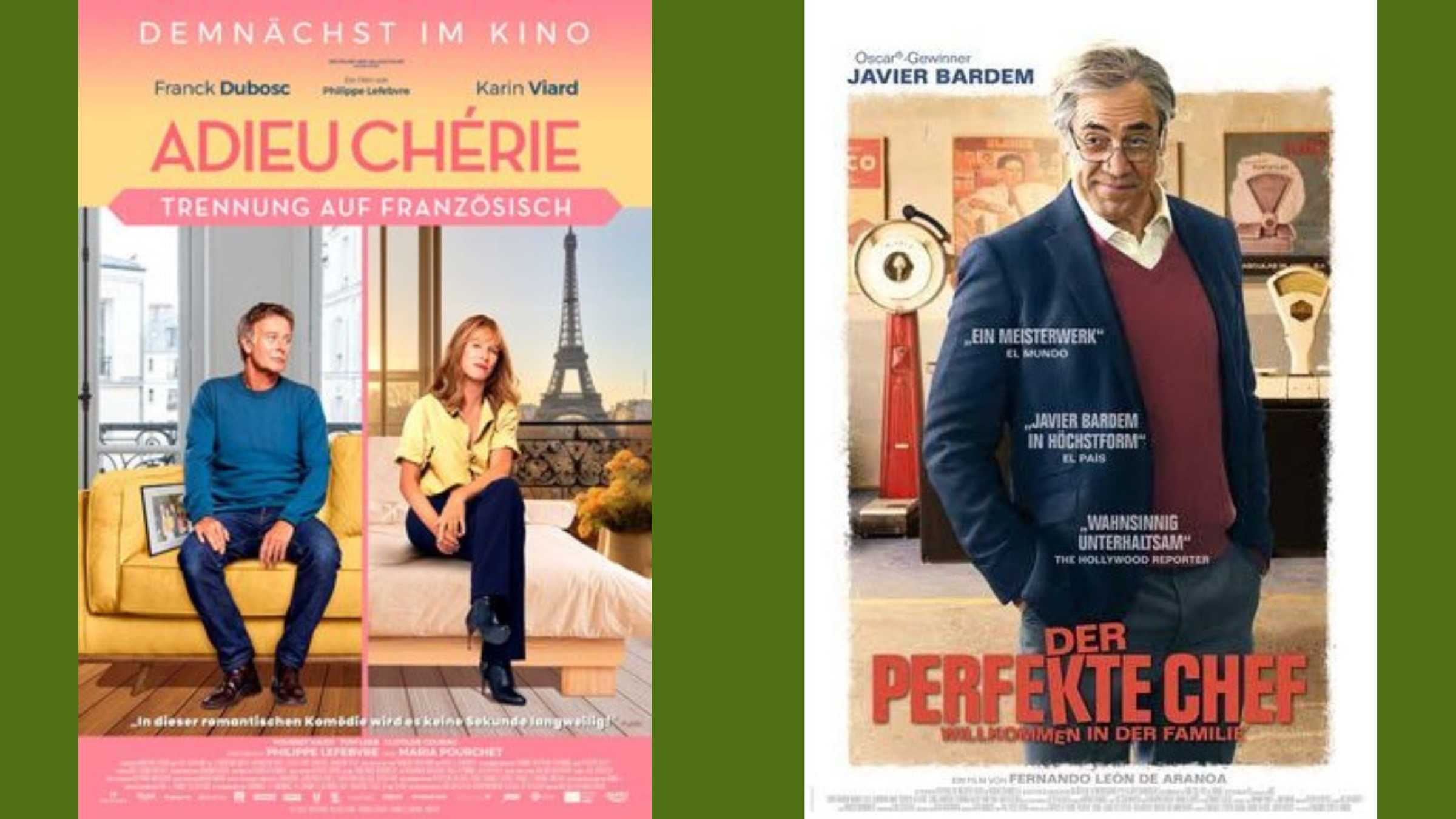 Adieu chérie – Trennung auf Französisch ODER Der perfekte Chef zwei Film Poster "Adieu chérie – Trennung auf Französisch" und "Der perfekte Chef"