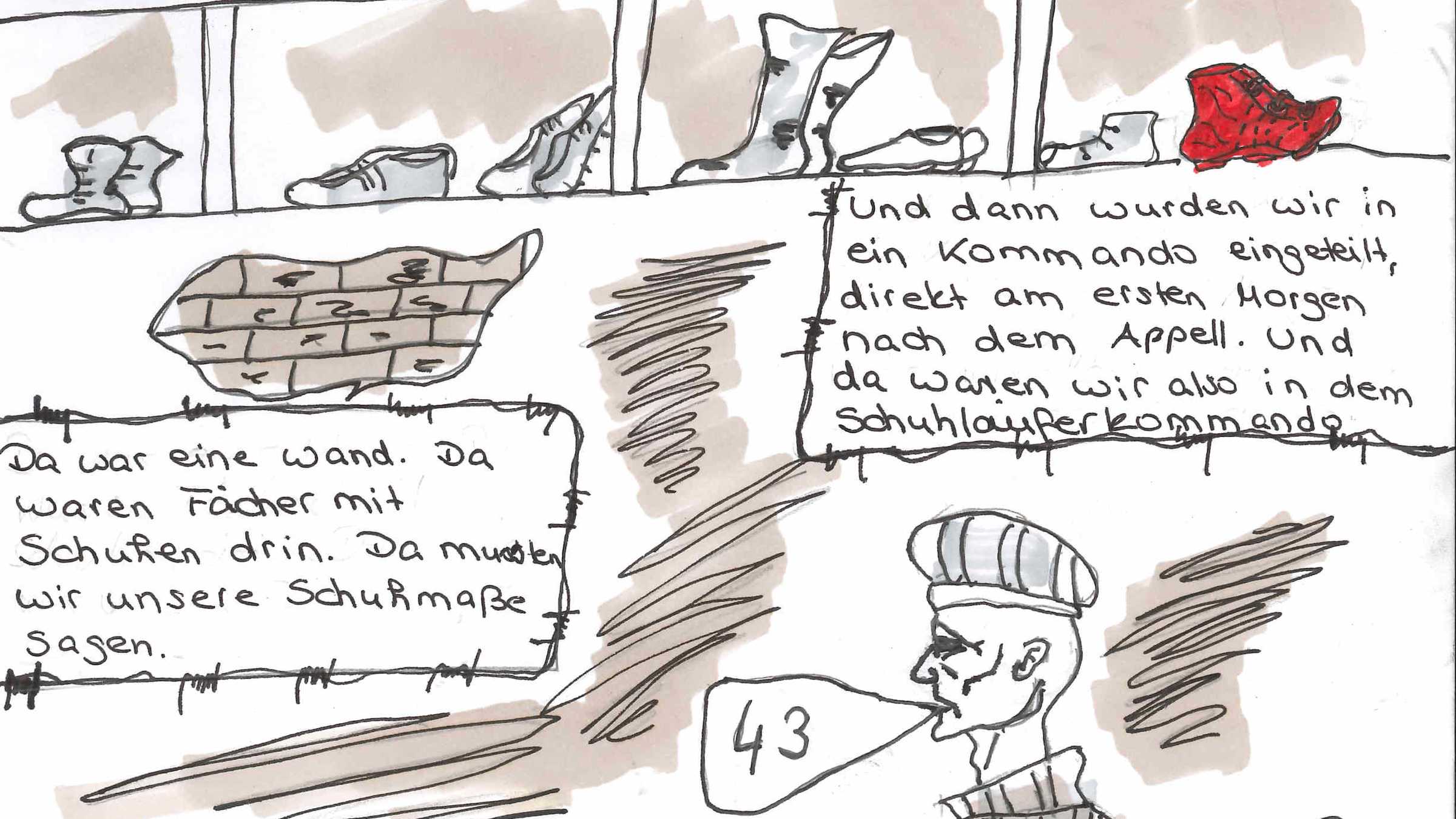 Ausschnitt aus dem Comic mit Schuhregal und einem Häftling