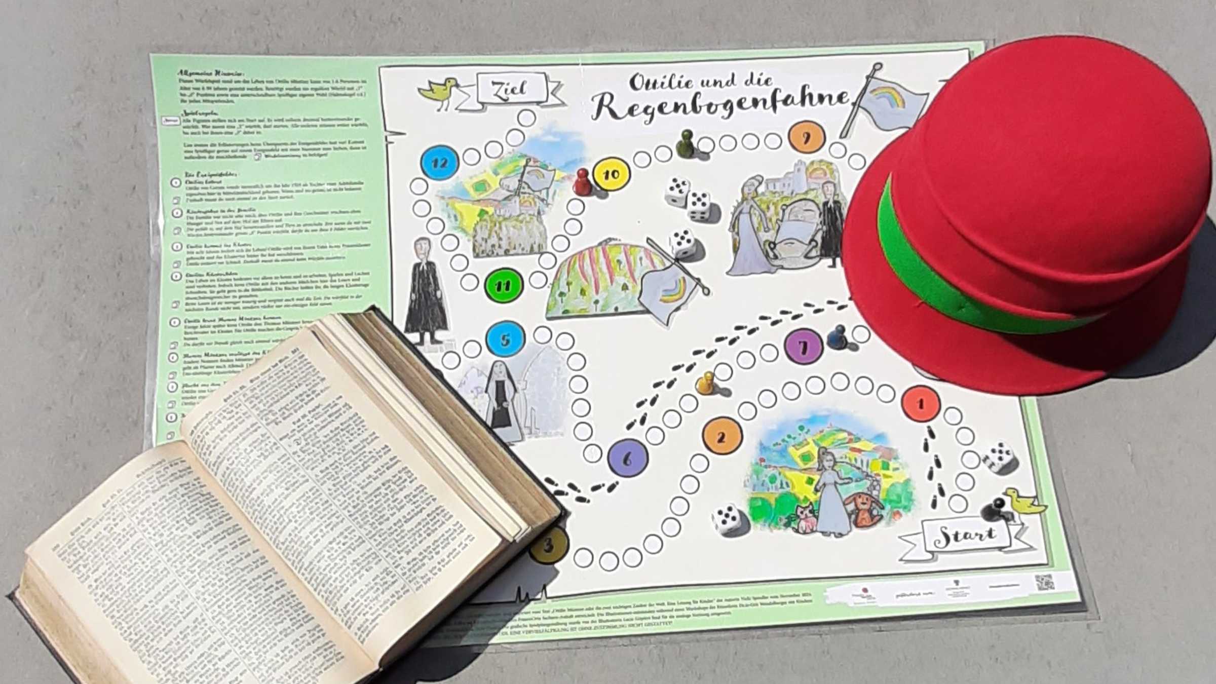 Spielbrett, darauf liegen ein roter Damenhut und ein historisches Buch