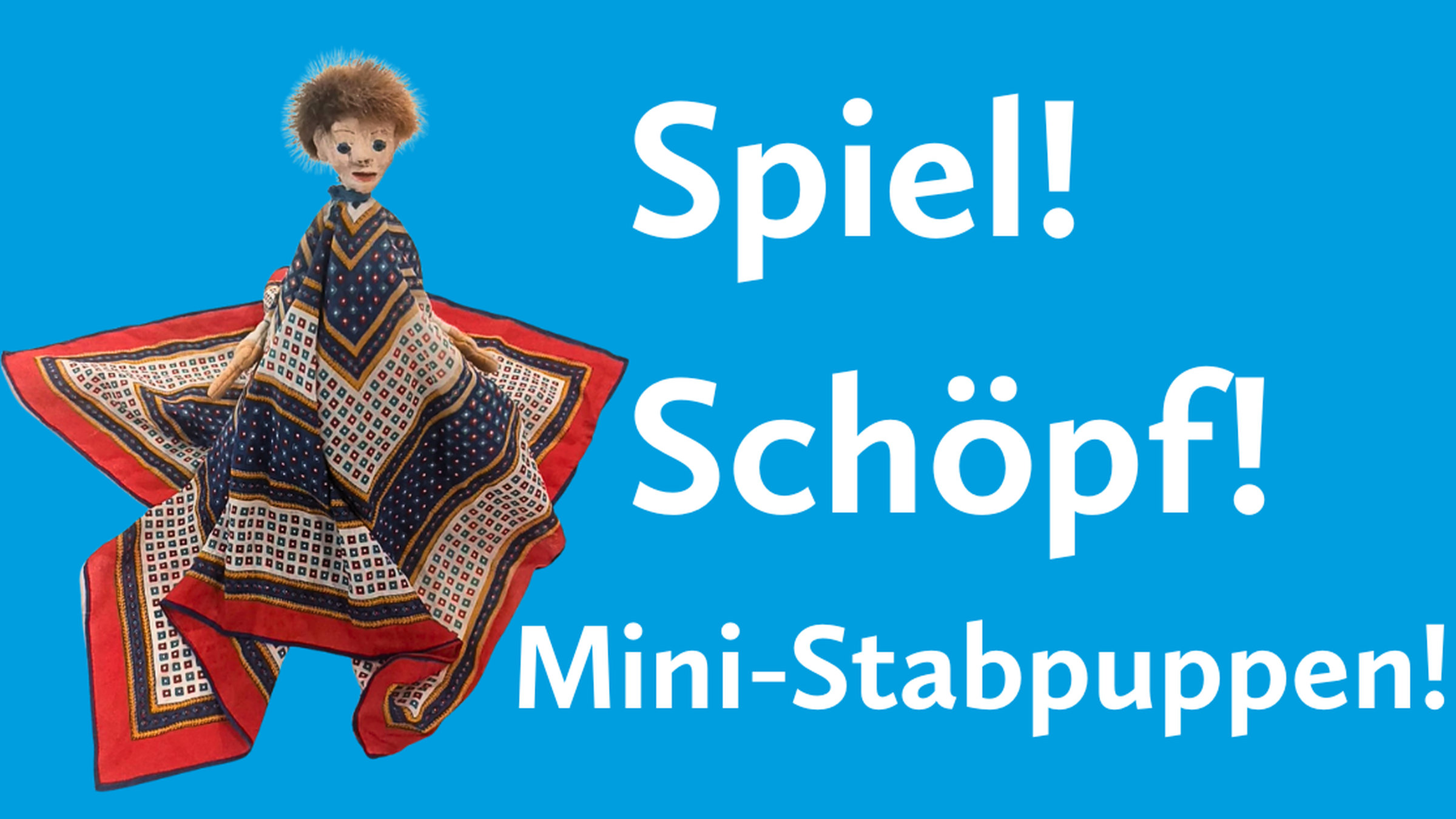 Eine Mini-Stabpuppe, der Körper ist aus einem bunten Tuch gemacht, das Gesicht - aus Pappmache.