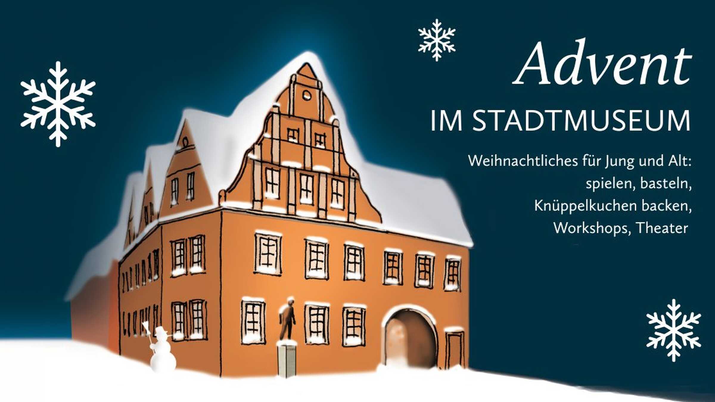 Grafik vom Christian-Wolff-Haus im Schnee, Text: Advent im Stadtmuseum, Weihnachtlichens für Jung und Alt
