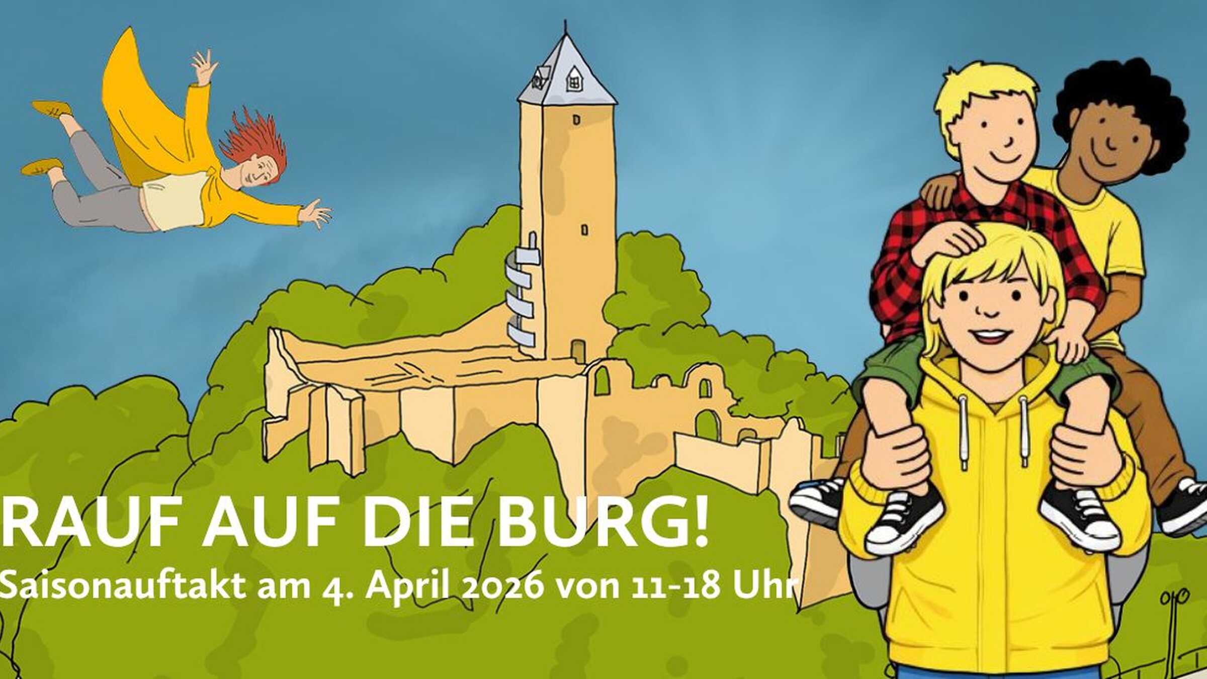 Grafik mit erwachsener Person und 2 Kindern auf den Schultern, im Hintergrund die Oberburg Giebichenstein