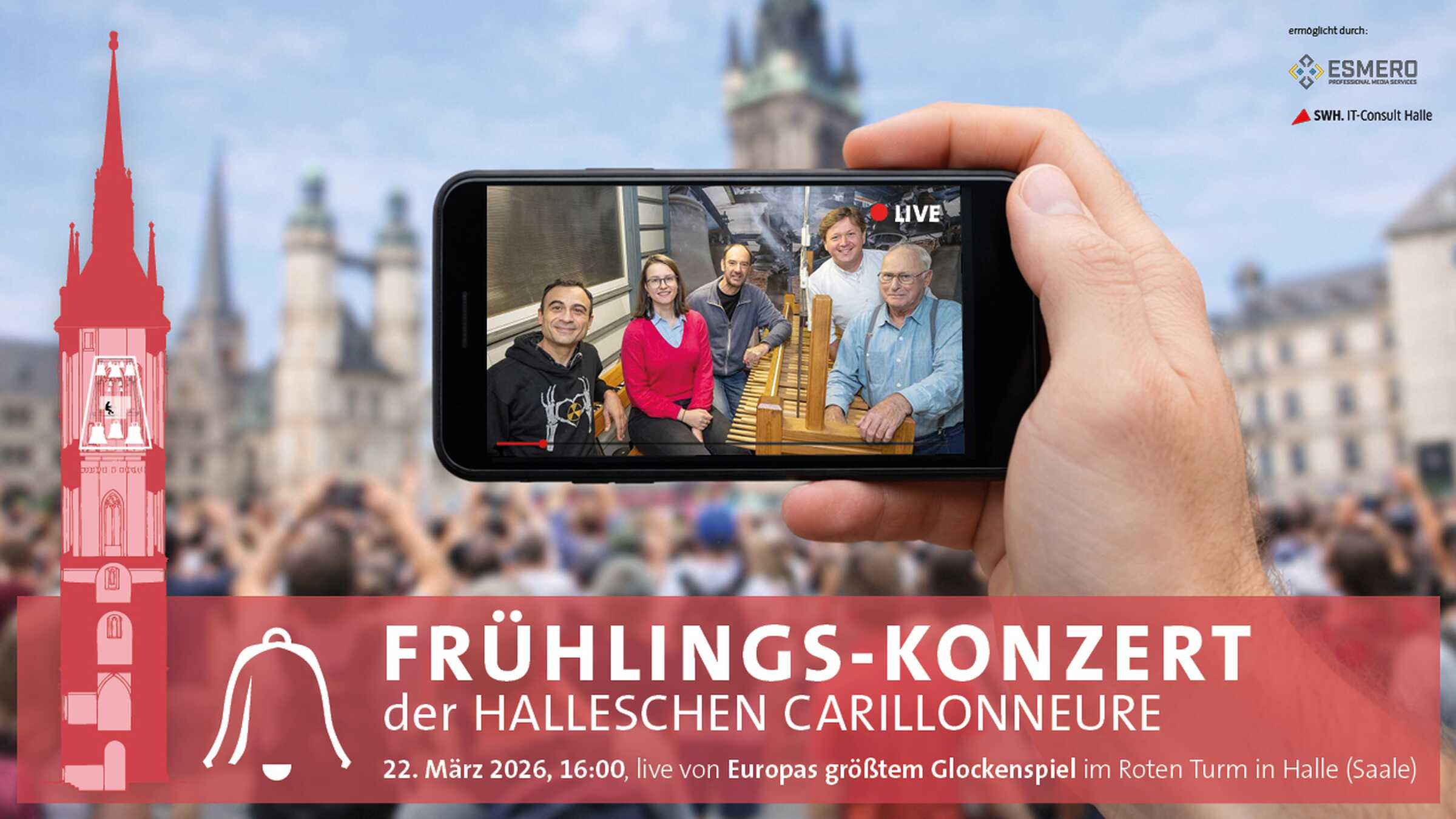 Smartphone-Display mit den Halleschen Carillonneuren, im Hintergrund der Marktplatz mit Rotem Turm und Marktkirche