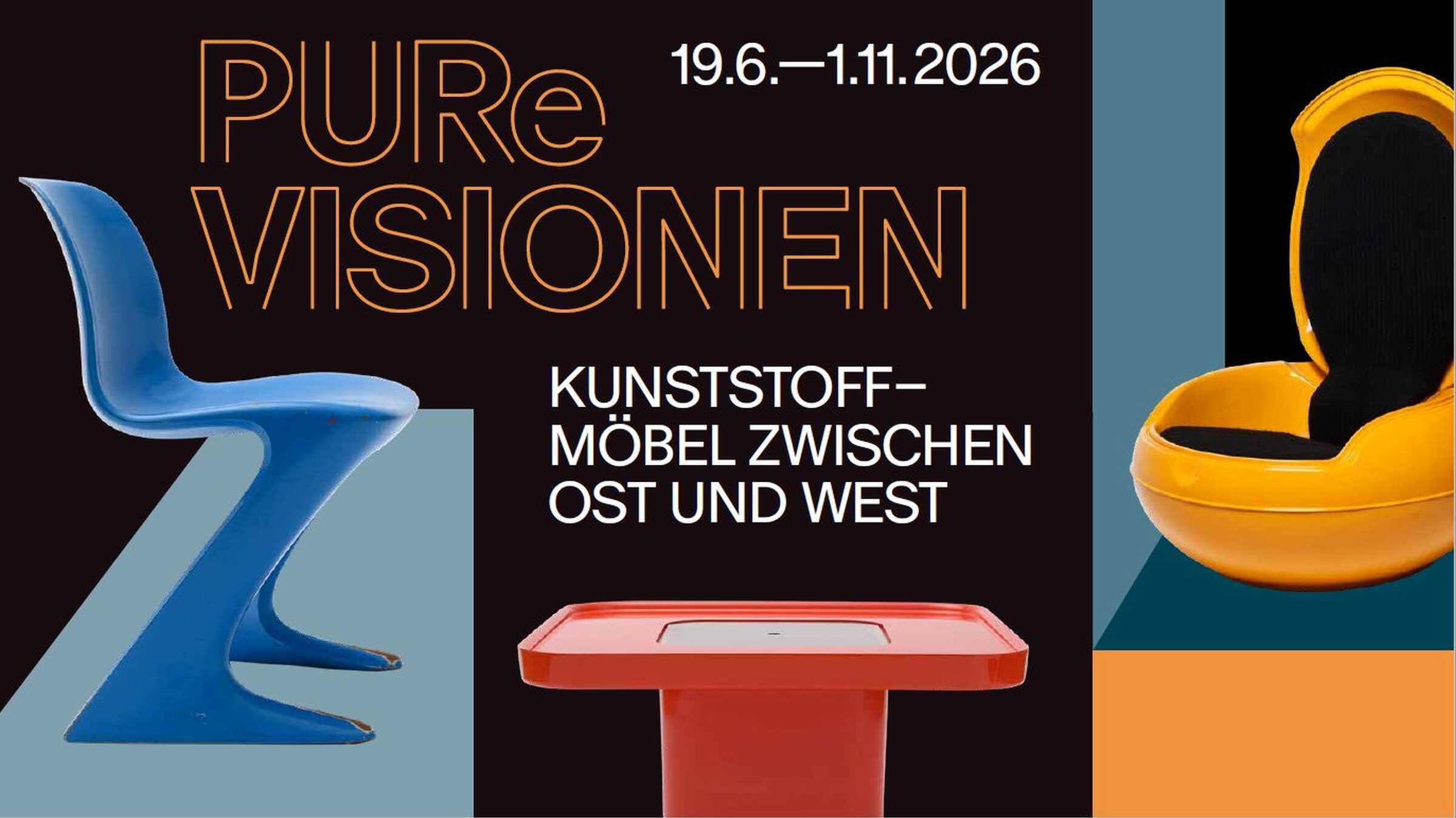 Plakatmotiv: Ein blauer Z-Stuhl, ein roter Tisch und ein gelber eiförmiger Sessel auf schwarzem Untergrund 