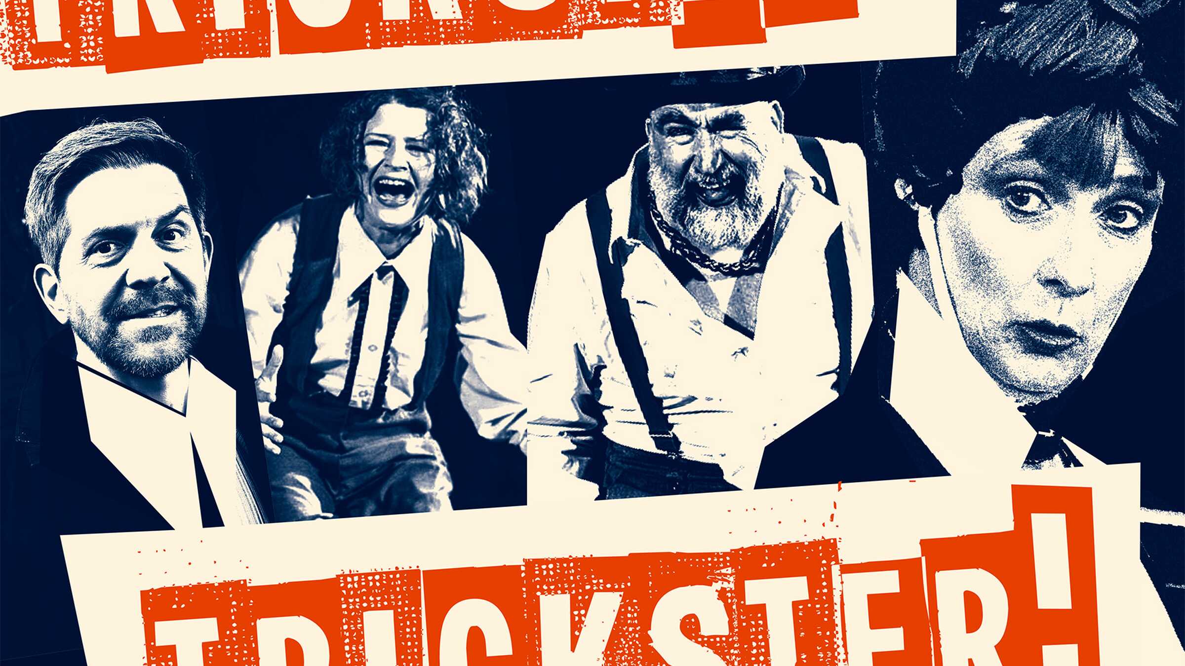 Schwarz-weiß Fotocollage mit 2 männlichen und 2 weiblichen Darstellenden, darüber 2 Banner mit je einem Schriftzug Trickster! Trickster!