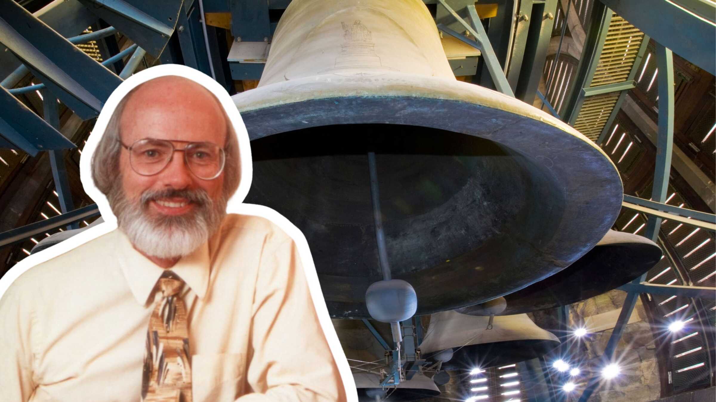 Fotomontage mit Portrait Karel Keldermans und Carillon im Hintergrund