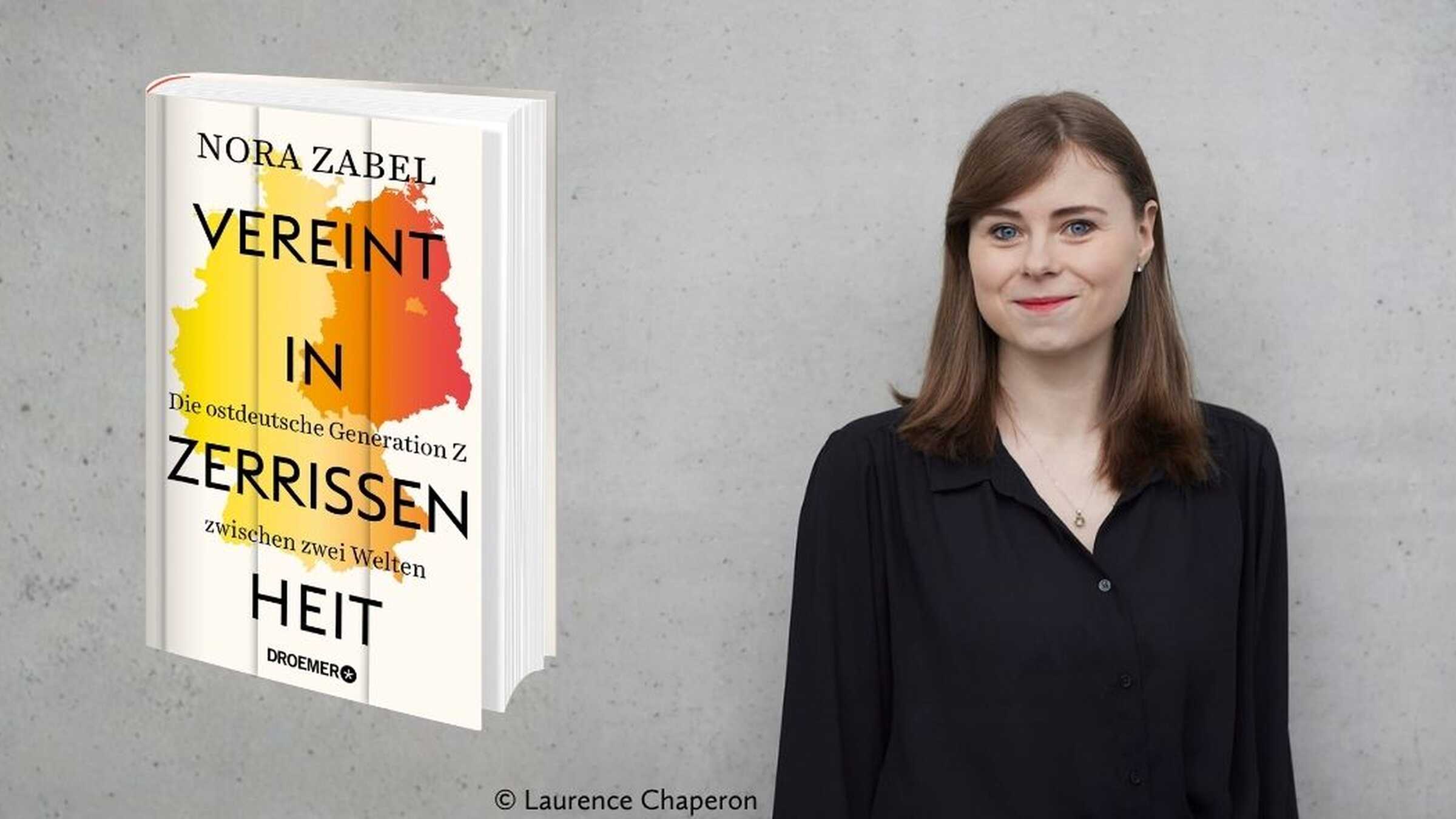 Foto von Nora Zabel und Buchtitel "Vereint in Zerissenheit"