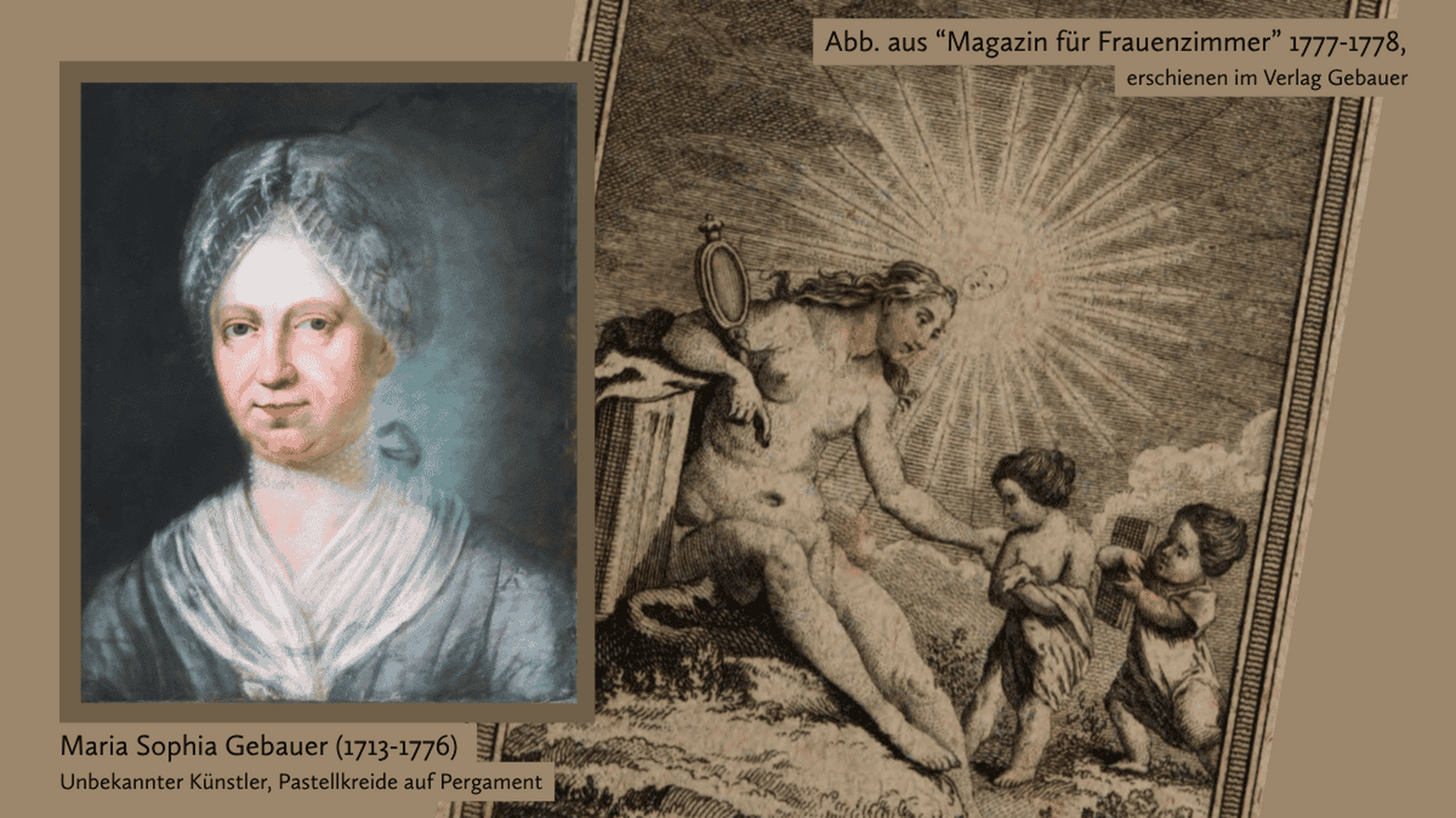 Portrait Maria Sophie Gebauer als ältere Frau, Kreidezeichung - daneben Illustration aus "Akademie der Grazien", historische Abbildung einer nackten Frau, auf einem Buch aufgestützt, unterrichtet zwei Kinder