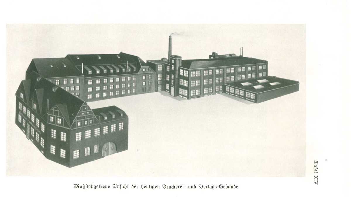 Das Grundstück Große Märkerstraße 10 mit neuem Druckereigebäude im Hof, 1915 isometrische Zeichnung vom Grundstück "Große Märkerstraße" mit Vorderhaus und Hofgebäudenvon 1915
