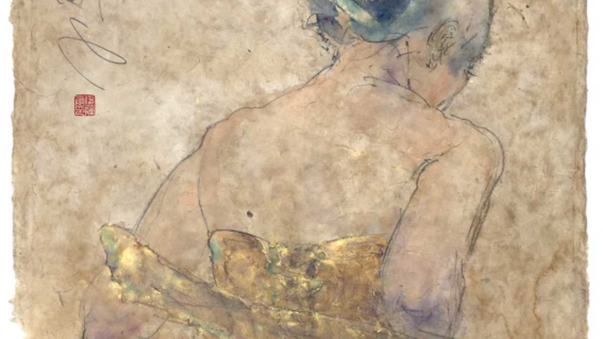 Sitzende nackte Frau mit Corsage in Rückenansicht