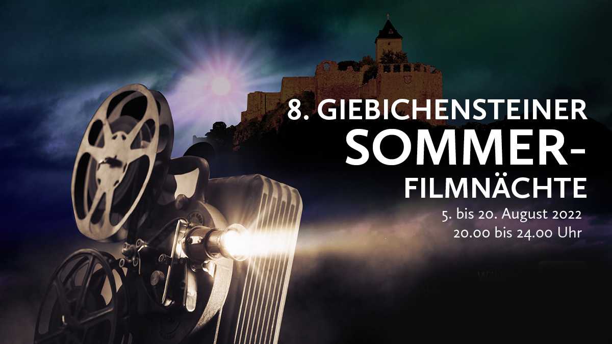 Grafik eines Filmprojektors vor der Burgsilhouette bei Nacht