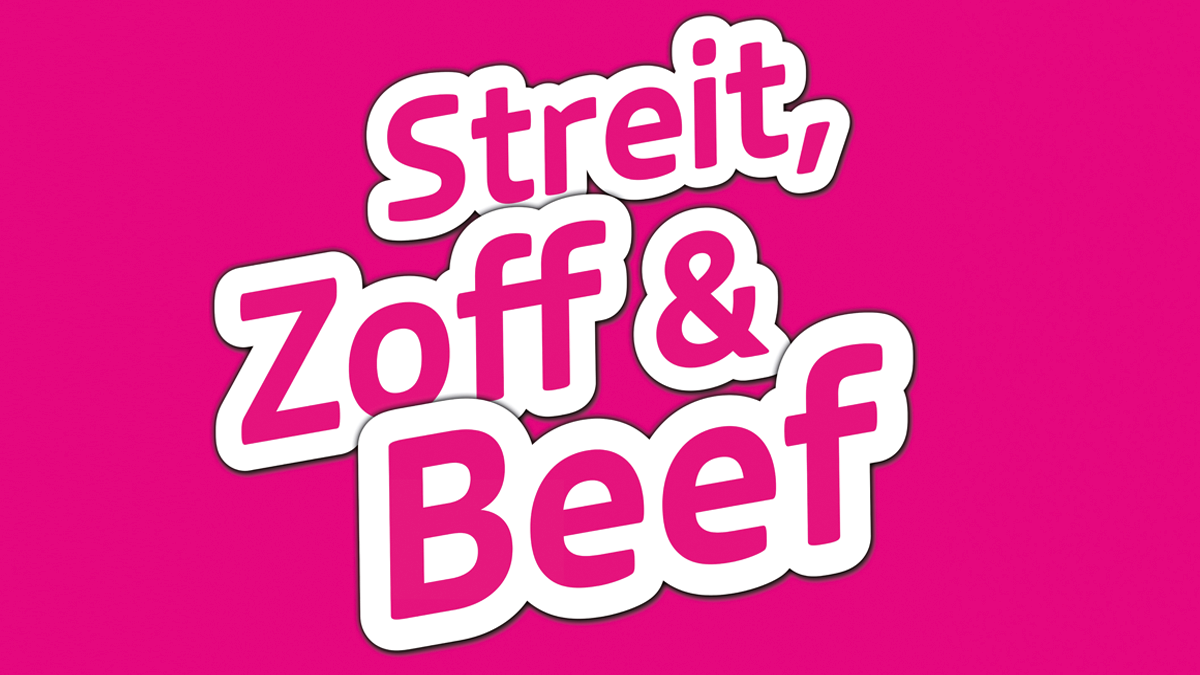Logo "Streit, Zoff & Beef" weiße Schrift auf pinken Hintergrund