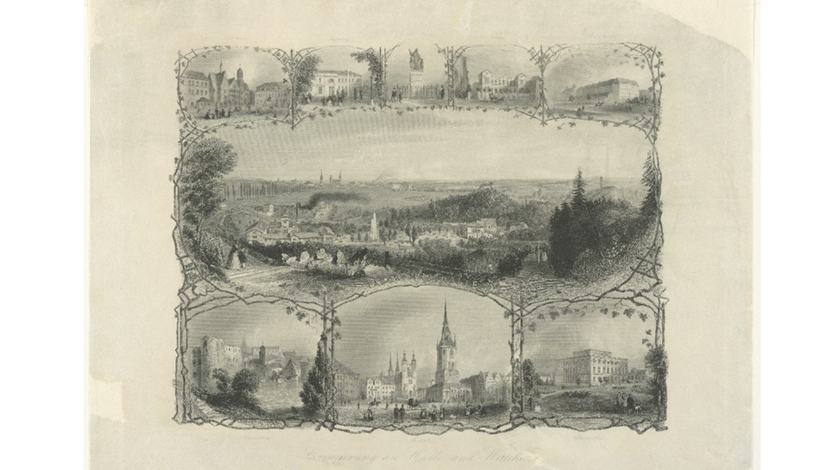 Bilderbogen Halle und Bad Wittekind, A. H. Payne, um 1850 Zeichnungen von verschiedenen Orten Halles um eine größerere Zeichnung des Wittekinds