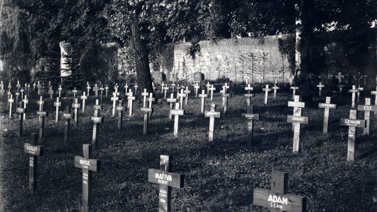 Gräberfeld in Halle mit Gräbern erschossener Belgier Gräberfeld auf einer Wiese