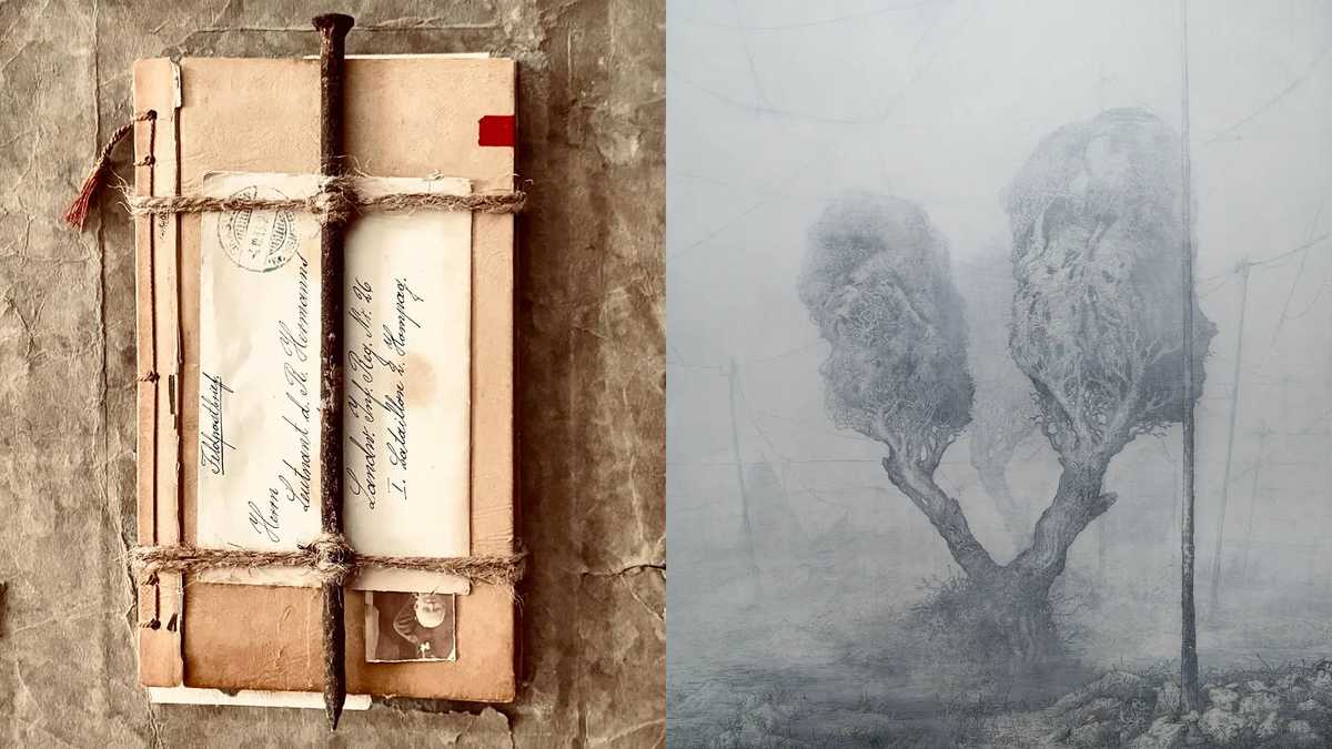Eine Collage Braungardts aus mit Bindfaden zusammengebundenen Notizbuch, Brief und Nagel sowie eine Grafik von Förster mit Bäumen im Nebel