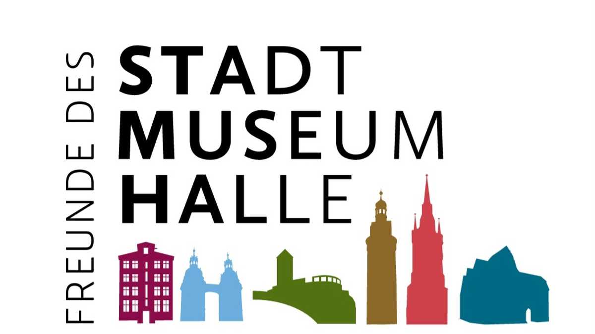 Text: Freunde des Stadtmuseums Halle, dazu Icons von Christian Wolff Haus, Druckerei, Hausmannstürme, Oberburg Giebichenstein, Leipziger Turm, Roter Turm