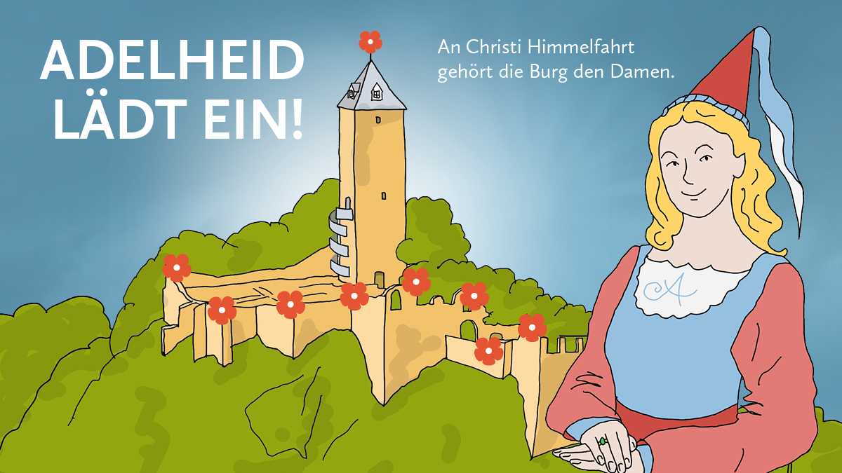 gzeichnetes Motiv mit Frau im Renaisancce-Kleid und Oberburg giebichenstein im Hintergrund