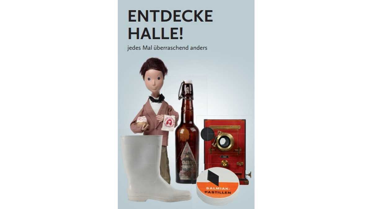 Verschiedene Ausstellungsobjekte auf dem Flyer Deckblatt