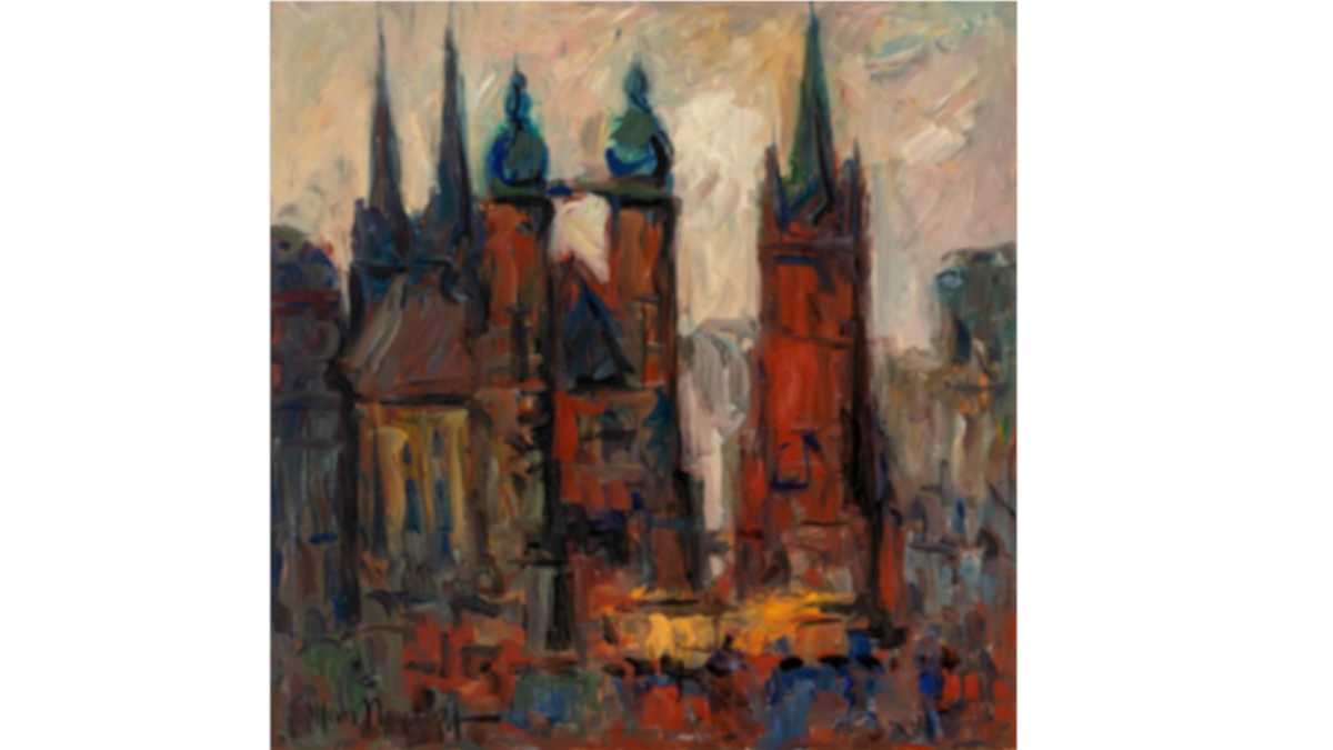 Ölgemälde des Marktplatzes von Halle mit den 5 Türmen in expressionistischem Stil