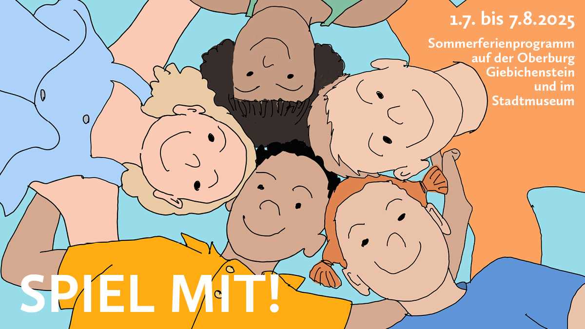 Sommerferienprogramm Zeichnung mit 5 lächelnden Kindern, die isich an den Schultern halten
