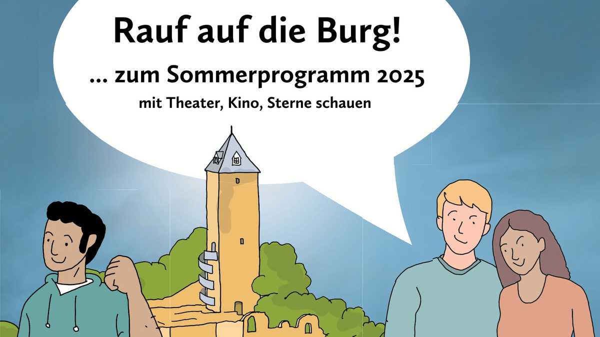 Zeichnung mit drei jungen Menschen vor der Burgsilhouette