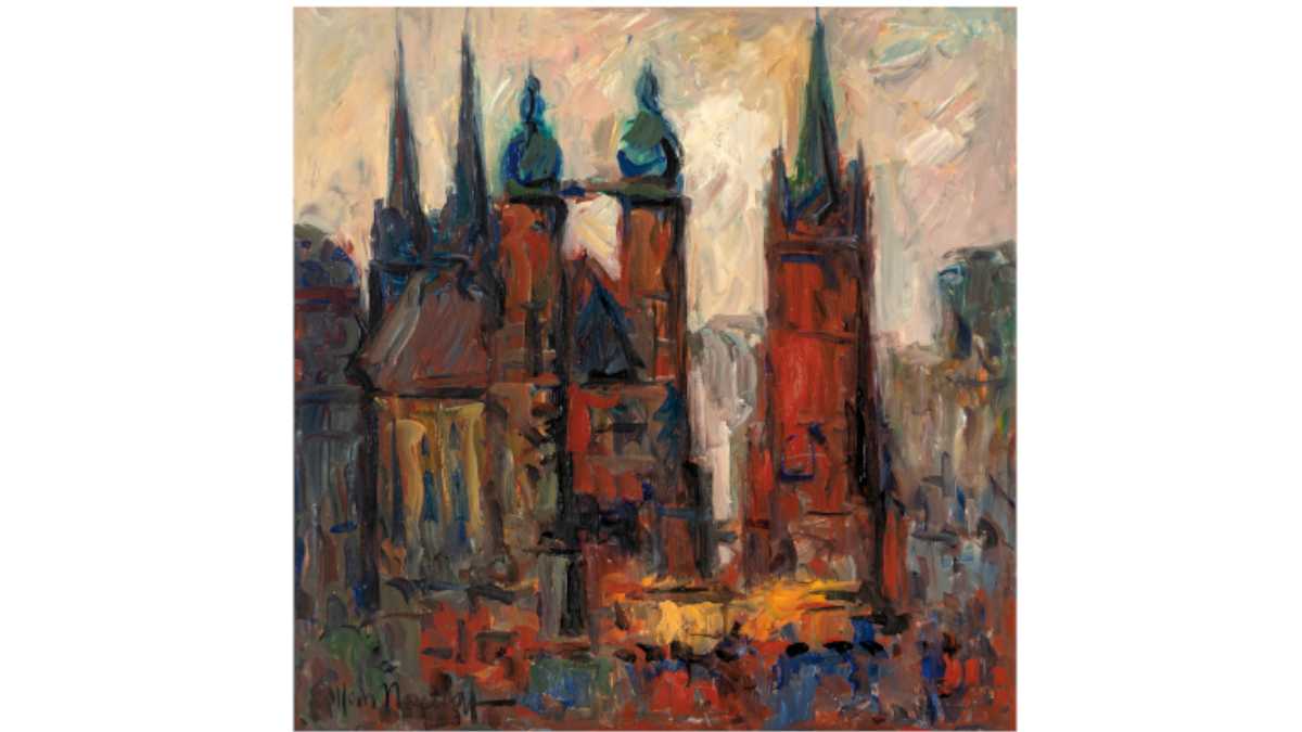 Ölgemälde des Marktplatzes von Halle mit den 5 Türmen in expressionistischem Stil