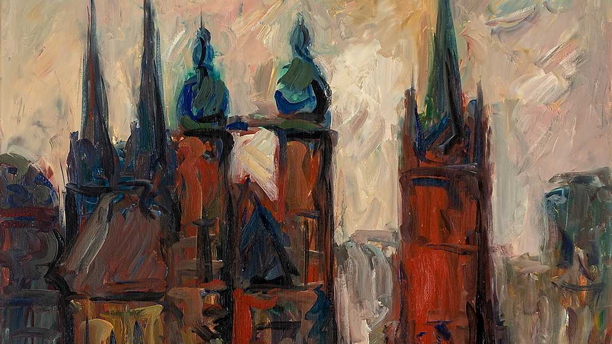 Hans Nowak: Der Markt in Halle, Foto: Hausleitner Ölgemälde, im impressionistischen Stil, zeigt die fünf Türme von Halle.