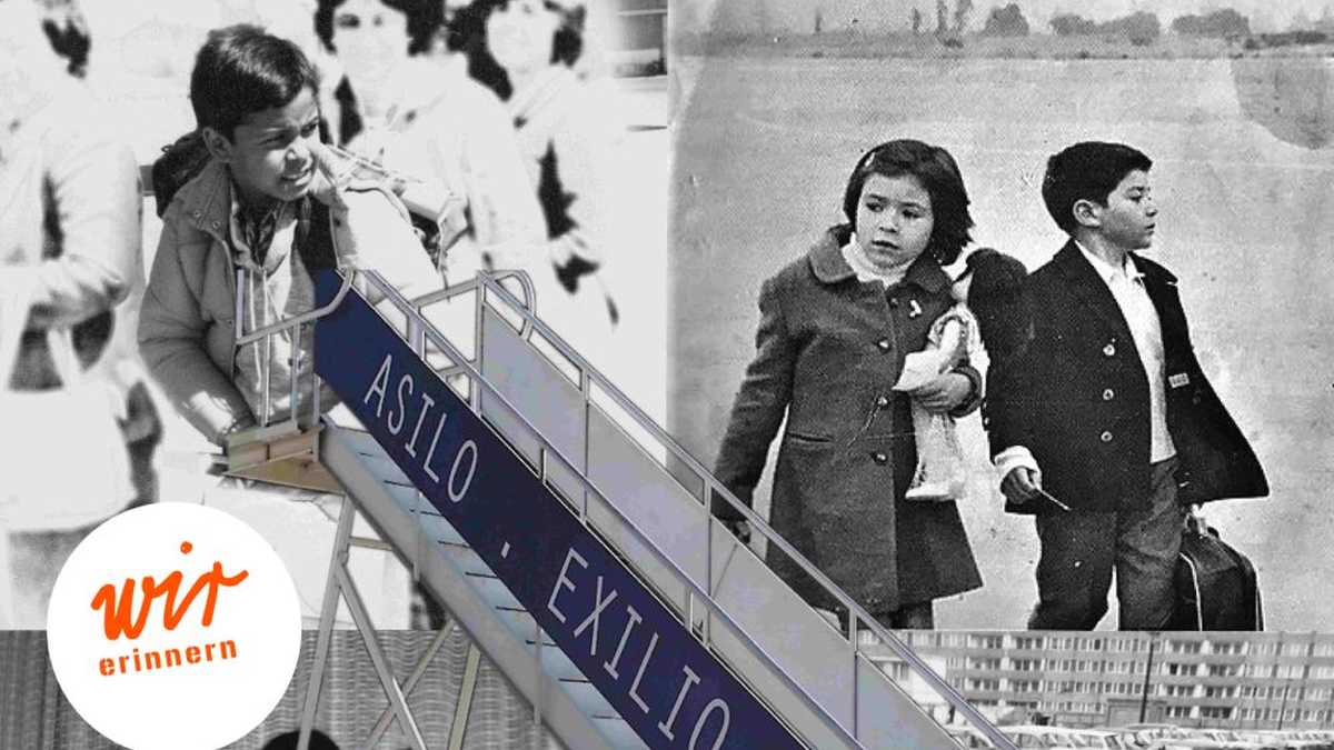 schwarz-weiß Fotos mit Kindern, die Koffer und Plüschtiere tragen an einer Gangway