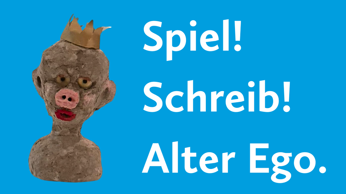 Alter Ego Figur in Pappmache-Technik: Büste eines Menschen mit Schweinsnase und Krone. Titel der Figur: "Wenn ich Macht hätte."