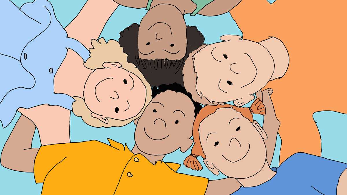 Ferienprogramm Zeichnung mit fünf Kindern, die sich an den Schultern halten