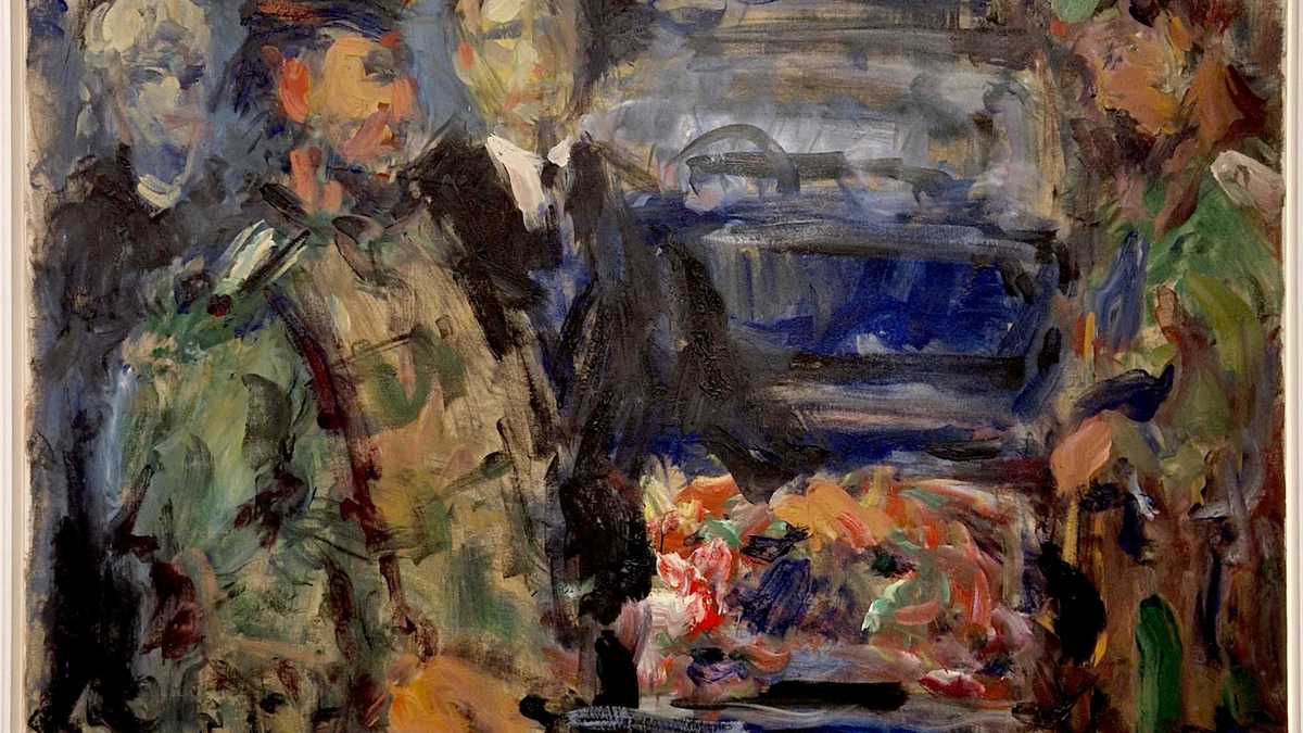 mit lockeren Pinselstrichen gemaltes Bild zeigt Grenzpolizisten und zwei Zivilisten an der geöffneten Kofferraumklappe eines PKWs 